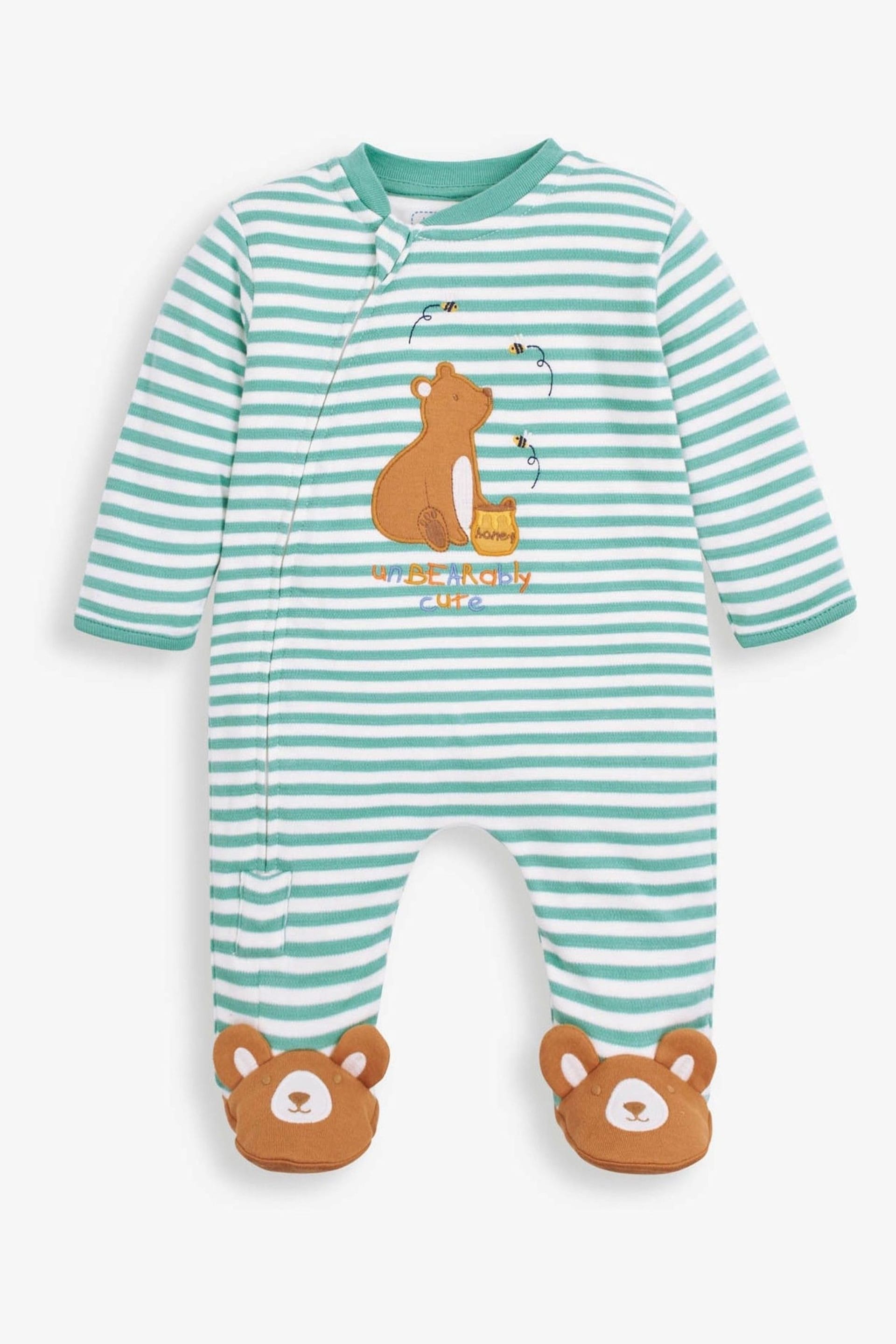 JoJo Maman Bébé Green Stripe Bear Appliqué Zip Cotton Baby Sleepsuit - Image 2 of 3
