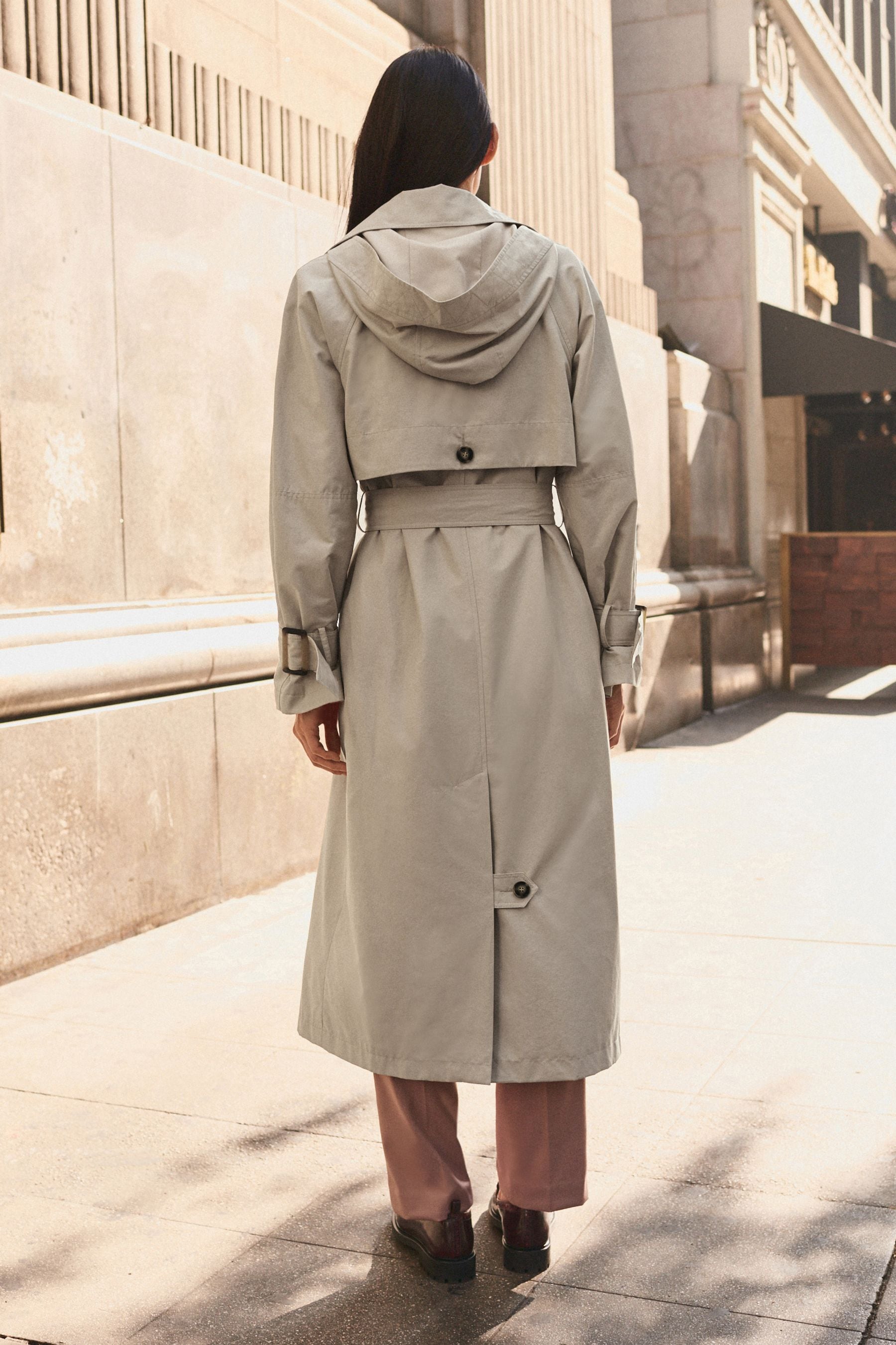Hooded belted trench coat outlet