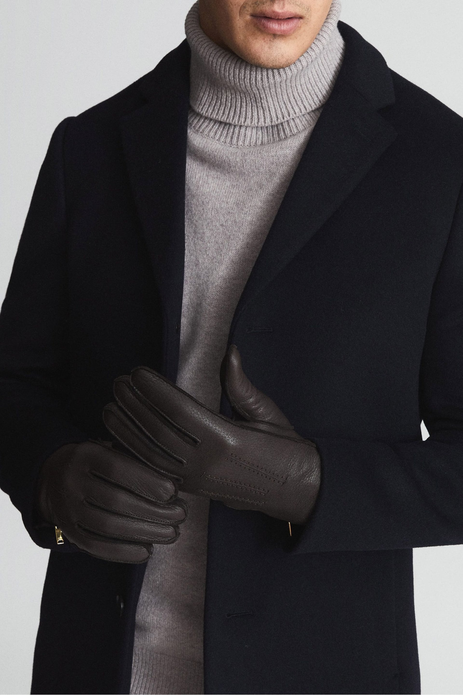 Reiss Chocolate Iowa Leather Gloves - Image 2 of 4