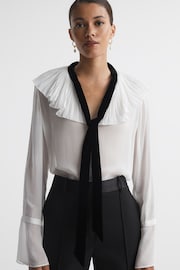 Reiss Cream/Black Azariah Sheer Ruffle Velvet Tie-Neck Blouse - Image 1 of 5