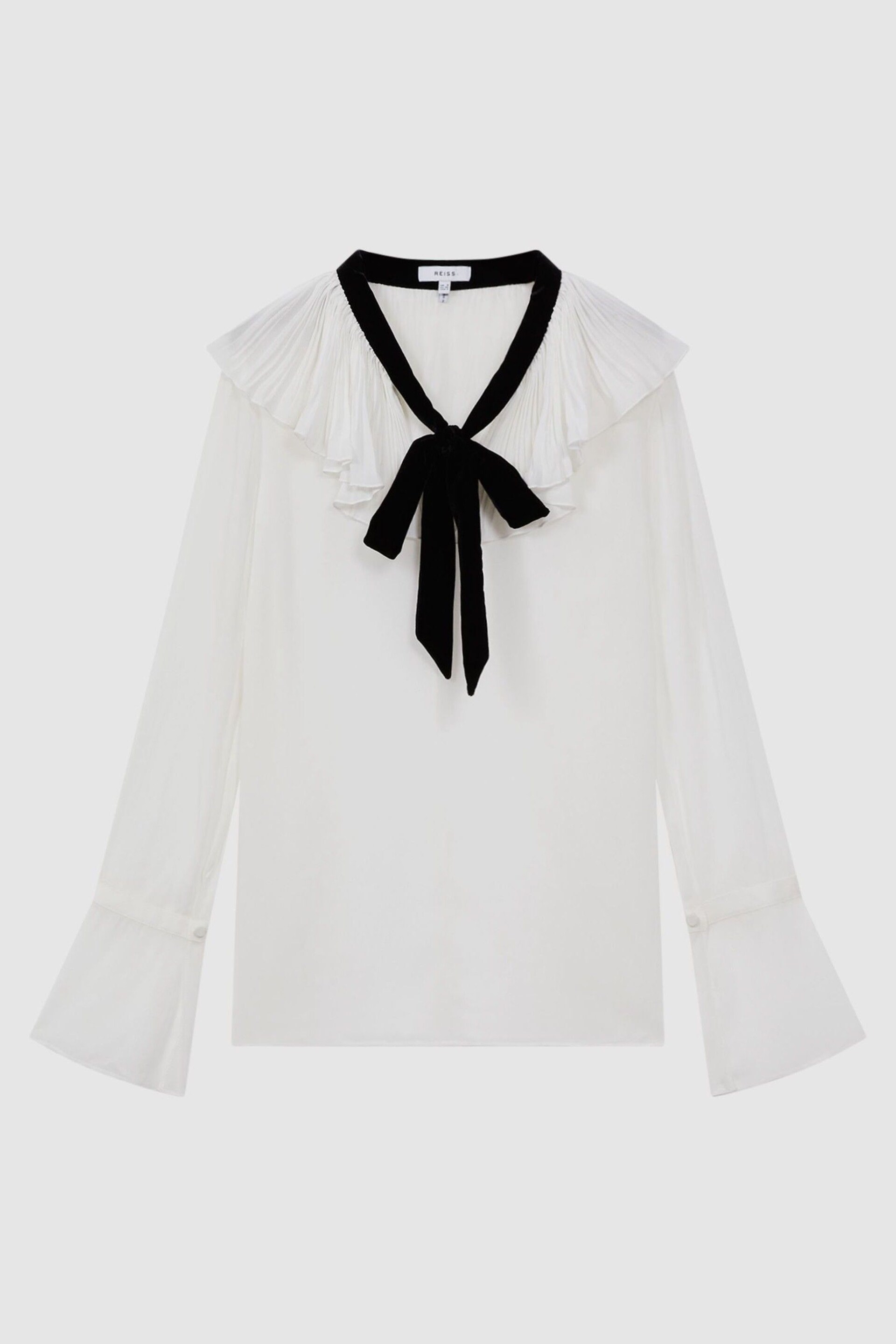 Reiss Cream/Black Azariah Sheer Ruffle Velvet Tie-Neck Blouse - Image 2 of 5