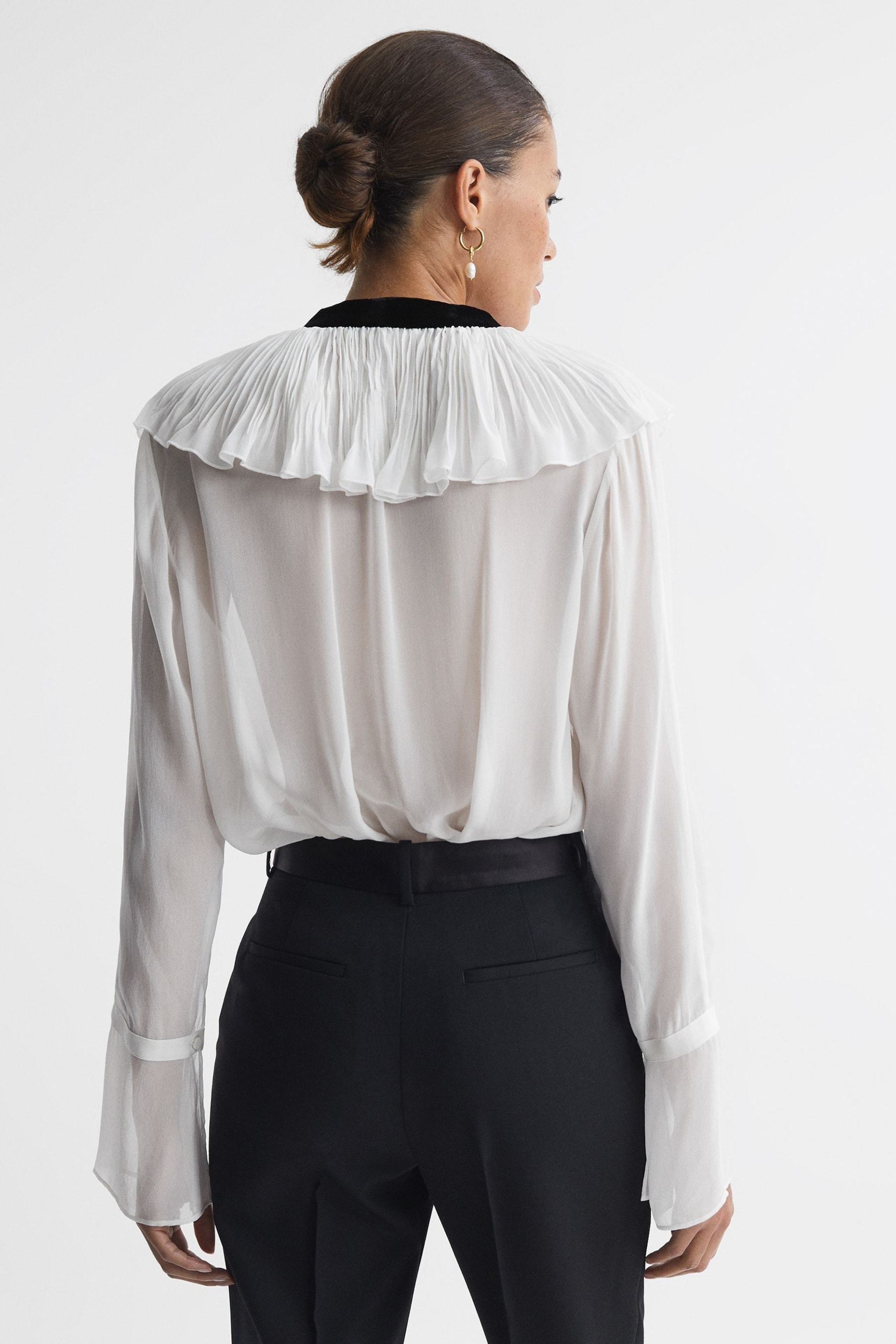 Reiss Cream/Black Azariah Sheer Ruffle Velvet Tie-Neck Blouse - Image 5 of 5