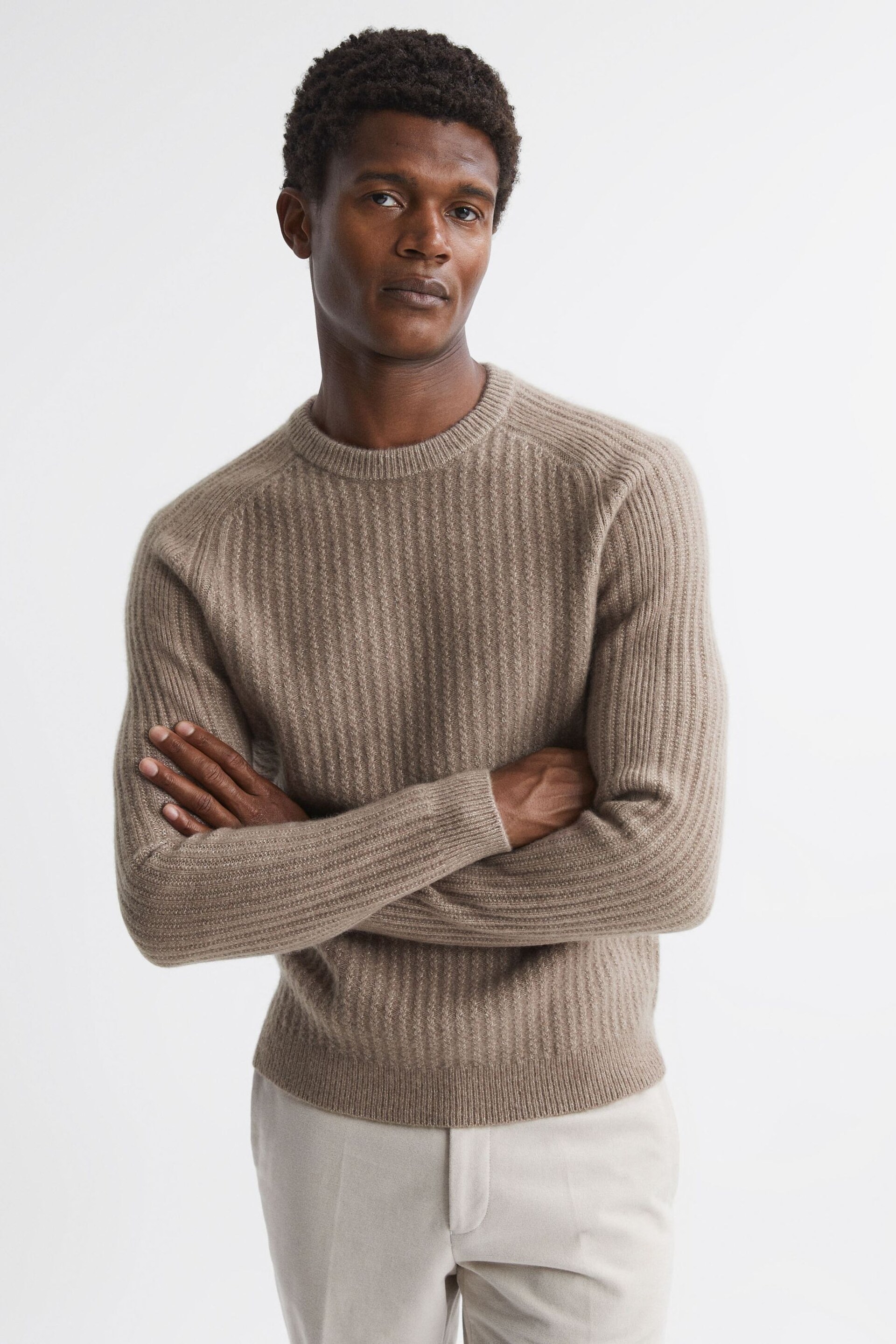 Reiss Mouse Melange Millerson Wool-Cotton Textured Crew Neck Jumper - Image 1 of 5