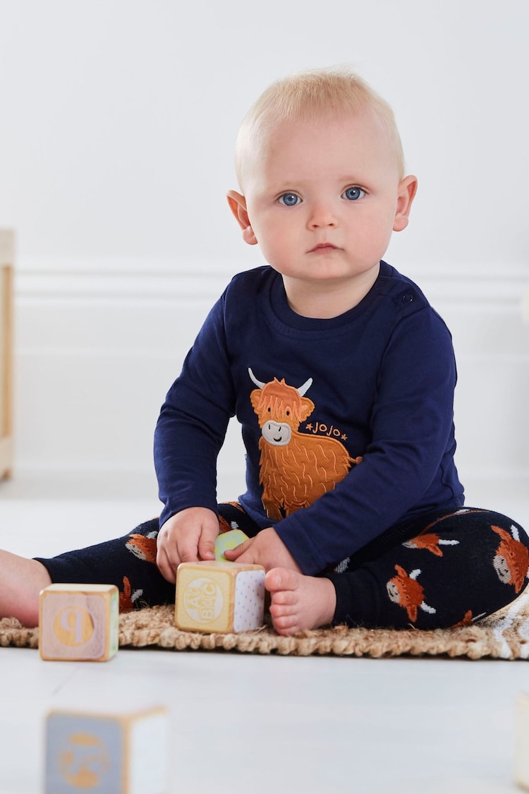 JoJo Maman Bébé Navy Blue Highland Cow Extra Thick Leggings - Image 1 of 3