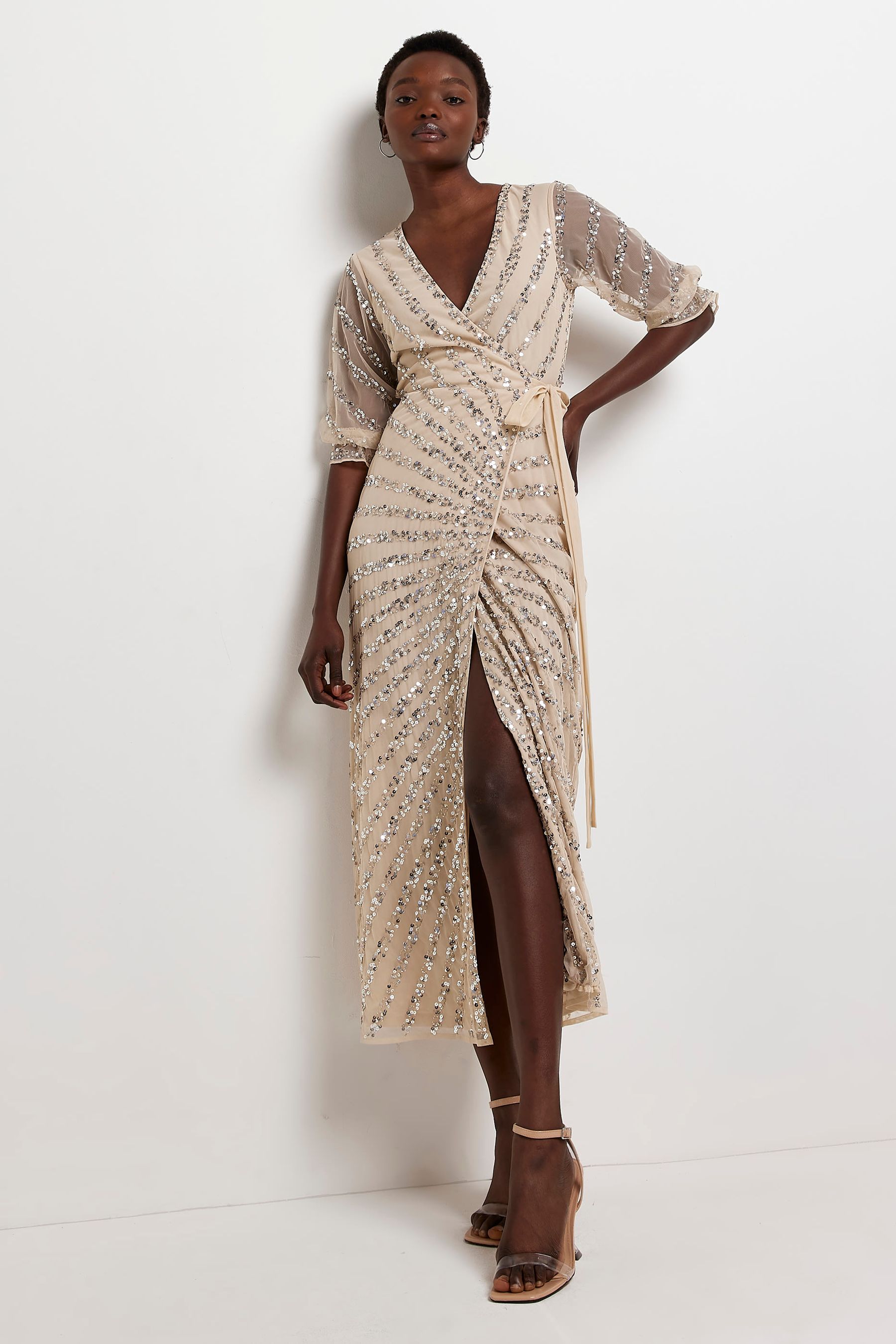 Pink sequin wrap dress top