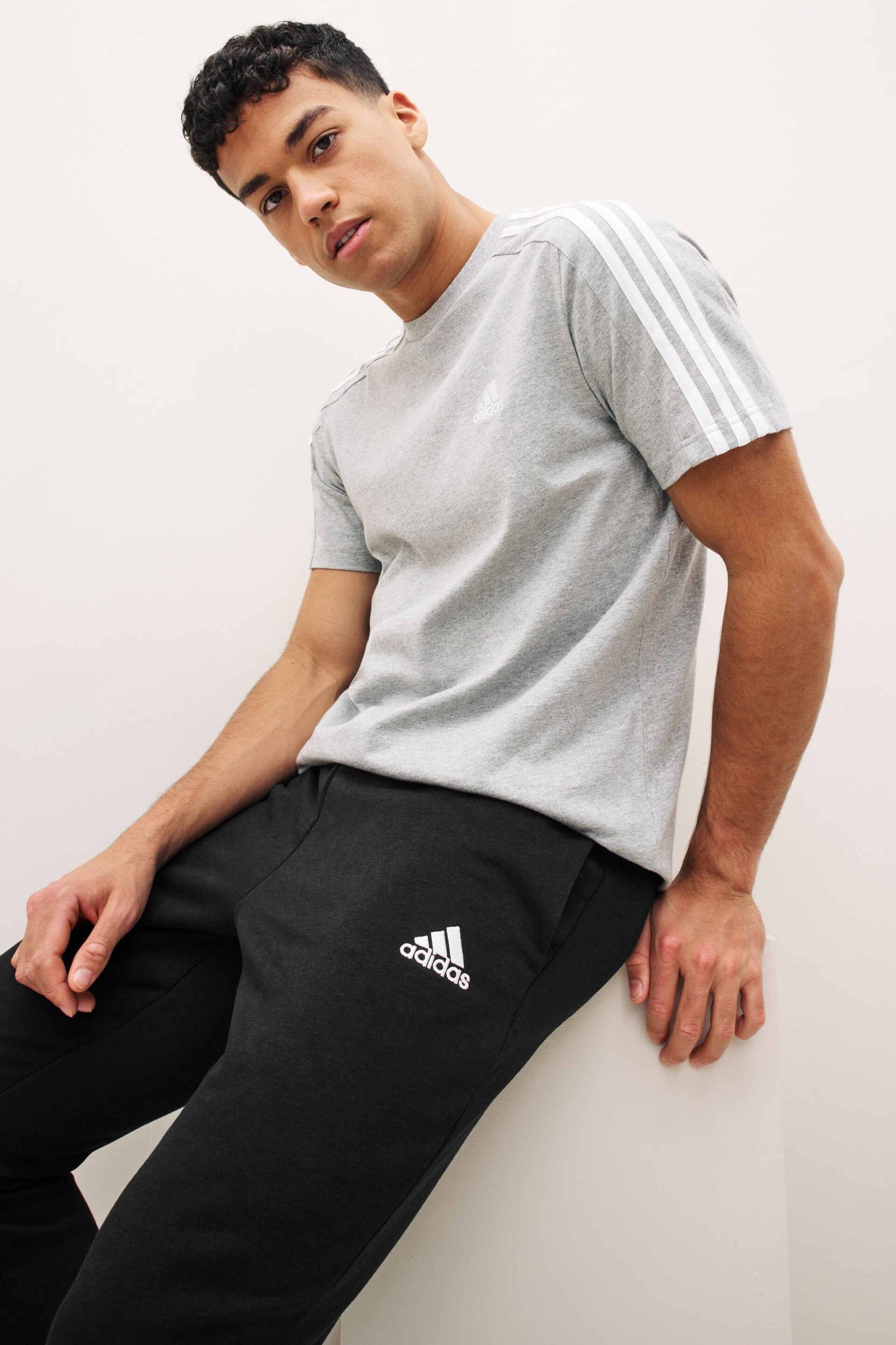 adidas Grey Essentials Single Jersey 3-Stripes T-Shirt - Image 3 of 6