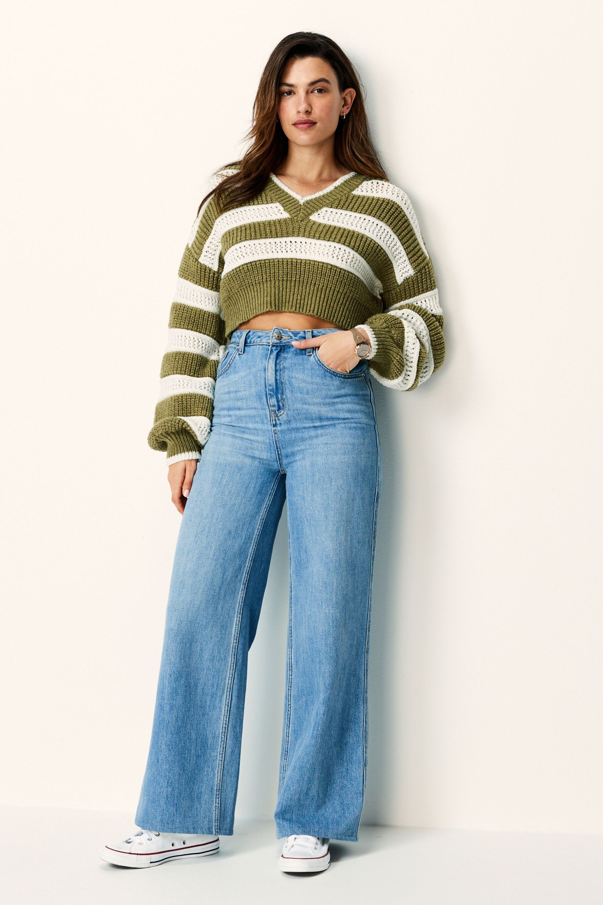 Green Stripe Cropped V-Neck Jumper - Image 2 of 6