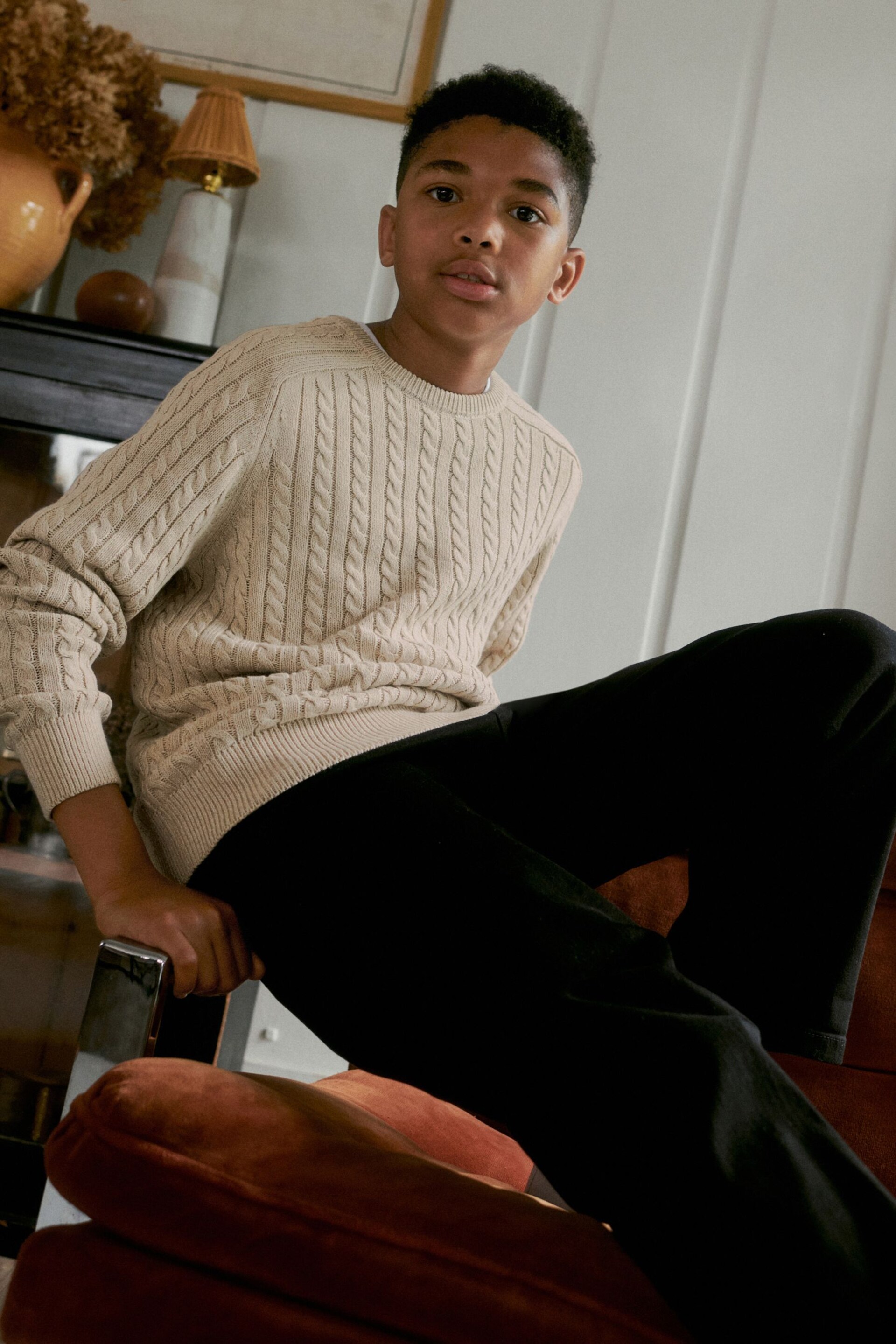 Neutral Beige Cable Knit Crew Jumper (3-16yrs) - Image 4 of 7