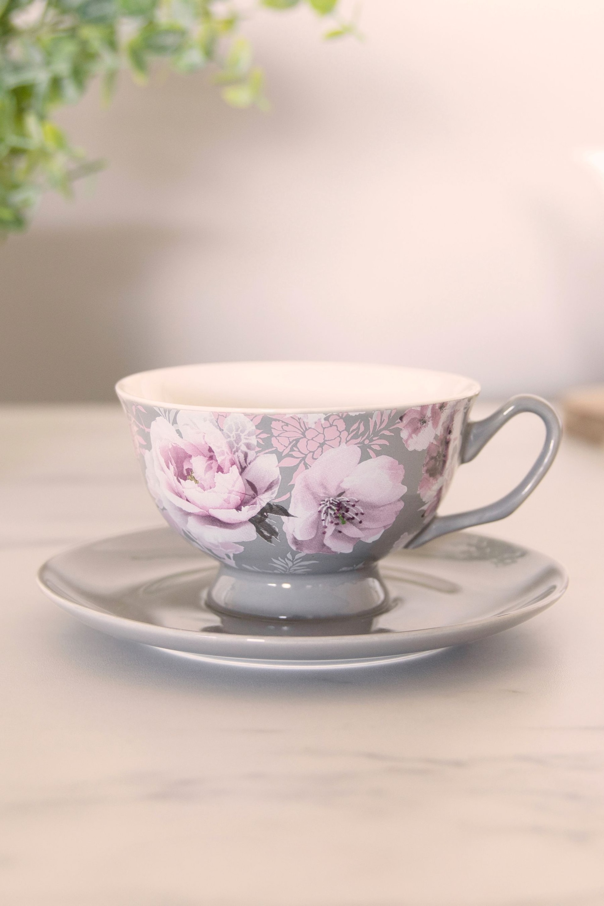 Catherine Lansfield Dramatic Floral Teacup & Saucer Set - Image 1 of 2