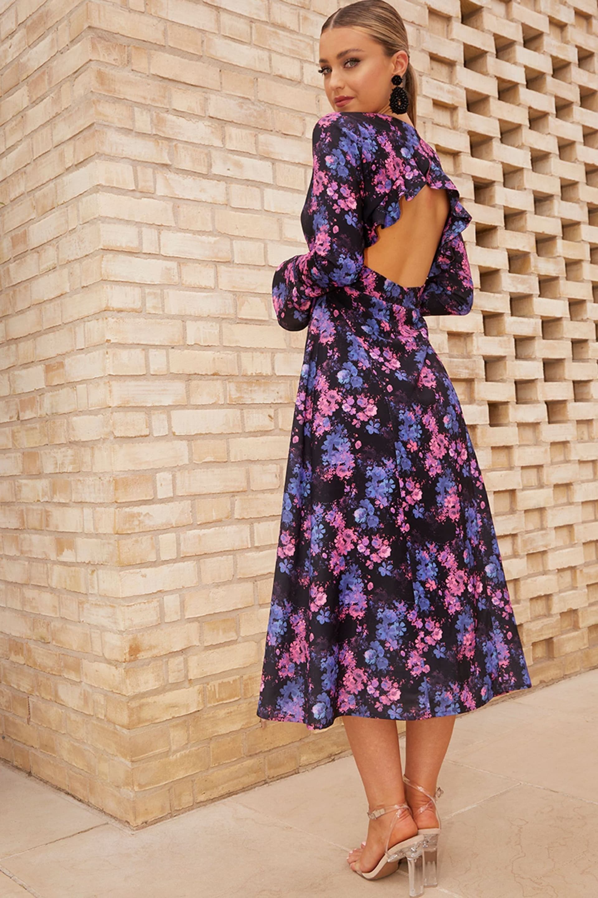 Chi Chi London Natural Long Sleeve V-Neck Floral Midi Dress - Image 3 of 4