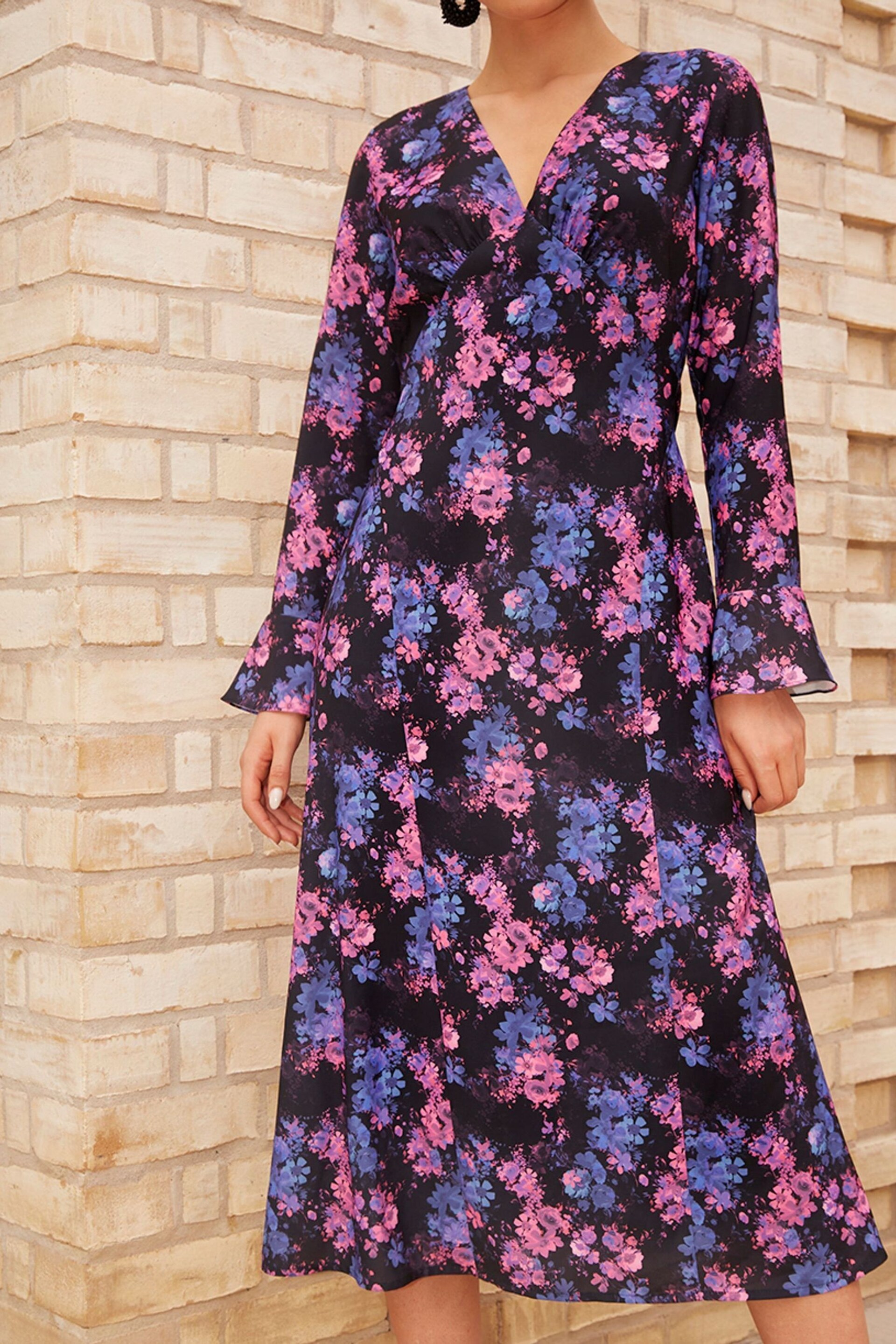 Chi Chi London Natural Long Sleeve V-Neck Floral Midi Dress - Image 4 of 4