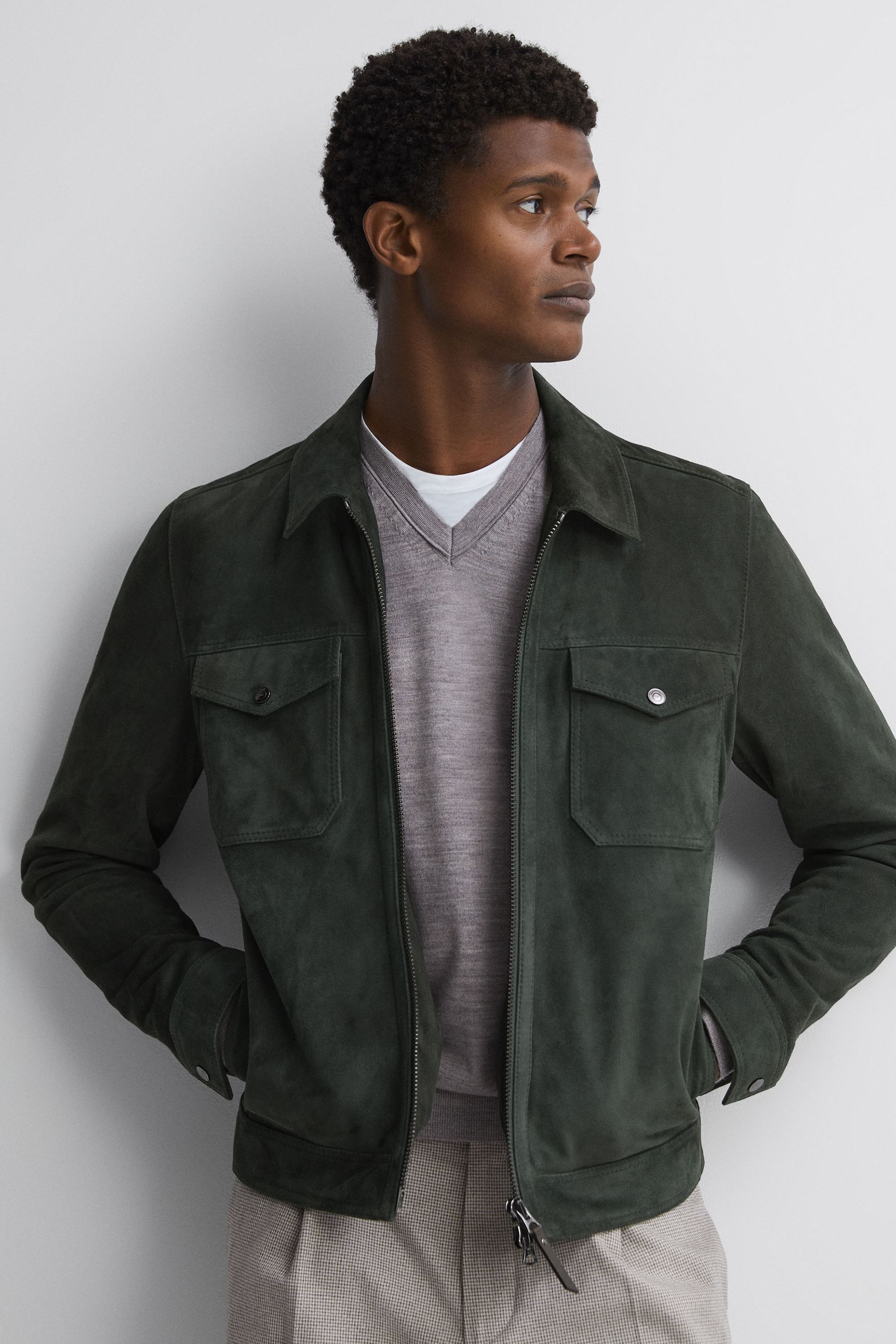 Buy Reiss Forest Green Pike Suede Zip Through Trucker Jacket from Next France