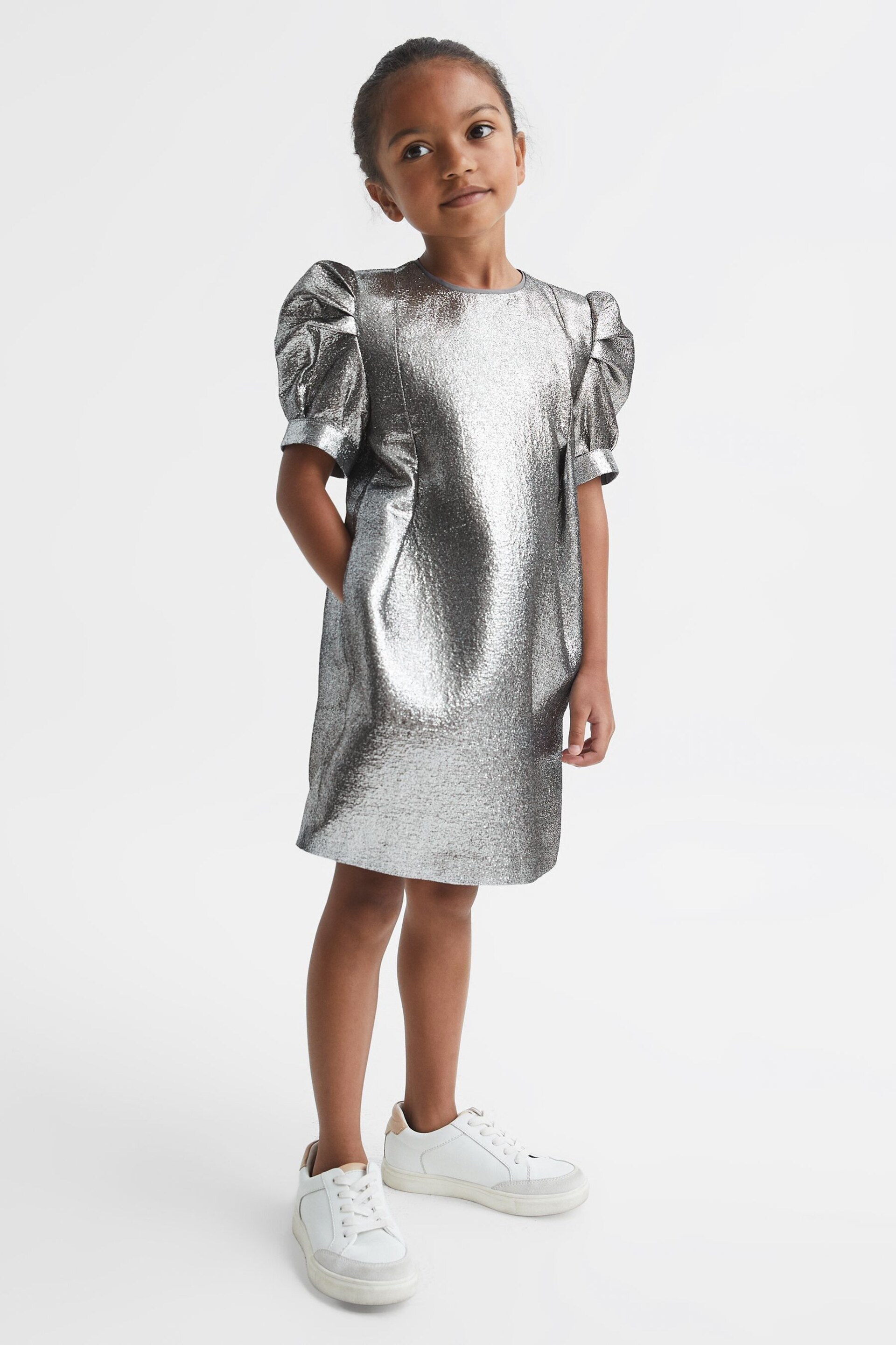 Reiss Silver Ellie Senior Metallic Shoulder Detail Dress - Image 1 of 6