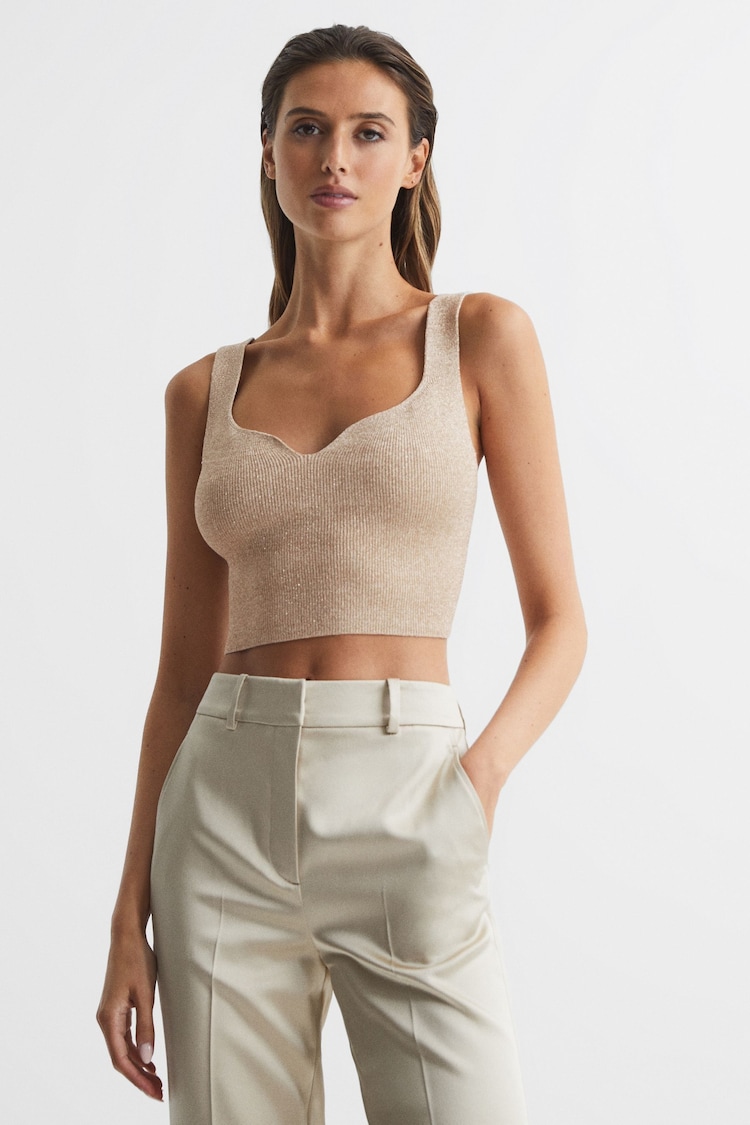 Reiss Gold Donna Metallic Cropped Sweetheart Neckline Top - Image 1 of 5