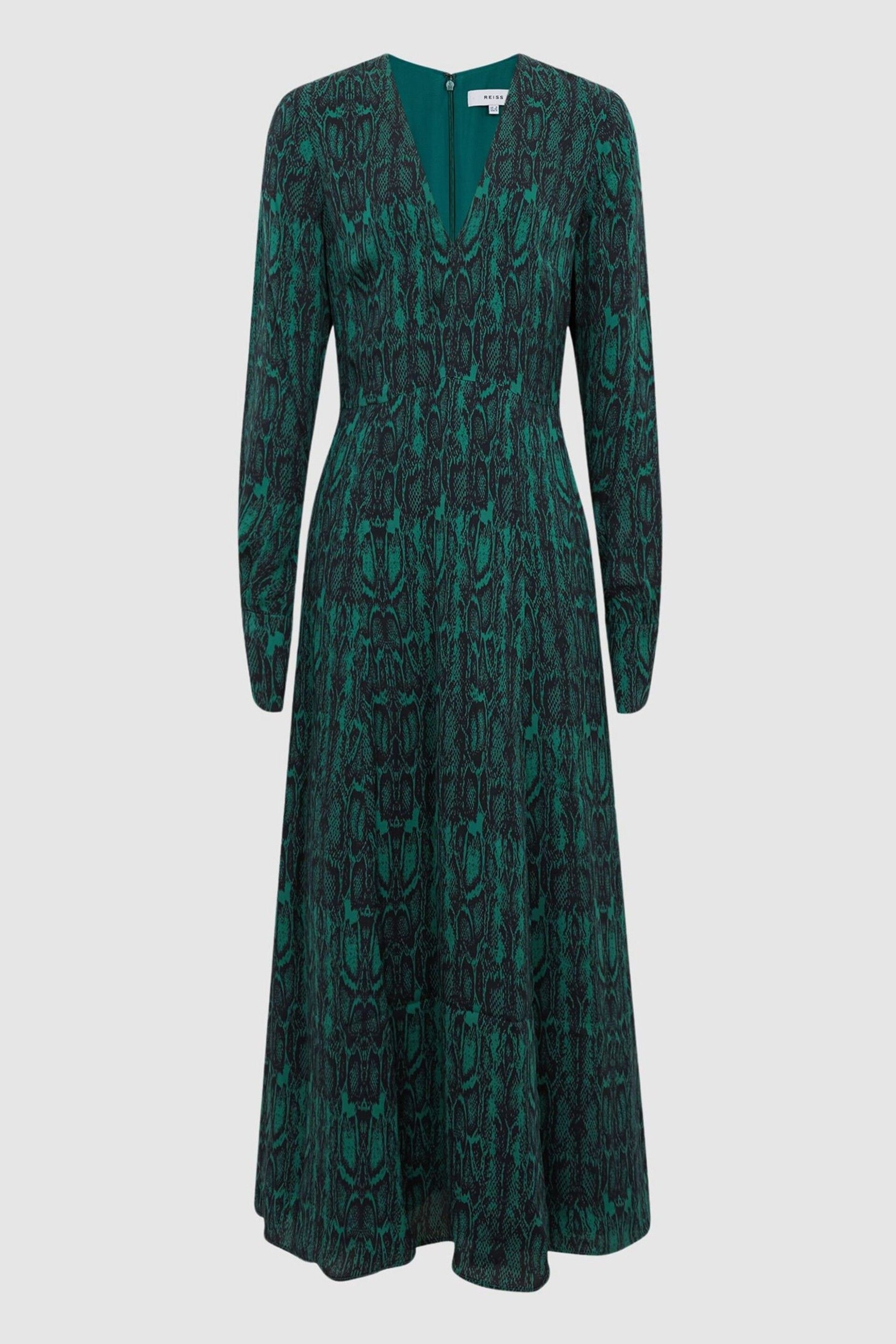 Reiss Teal Greta Long Sleeve Printed Midi Dress - Image 2 of 7