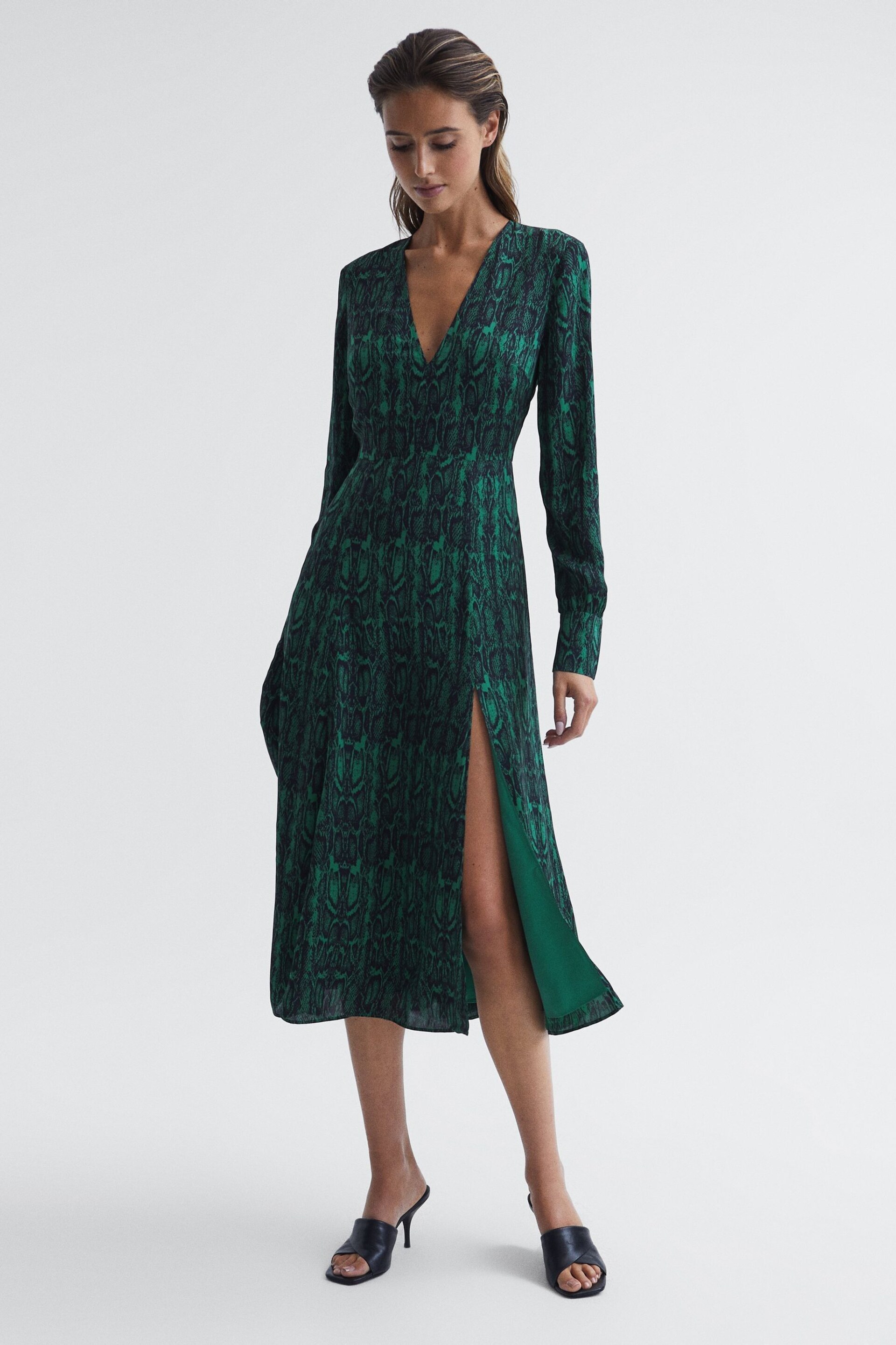 Reiss Teal Greta Long Sleeve Printed Midi Dress - Image 3 of 7