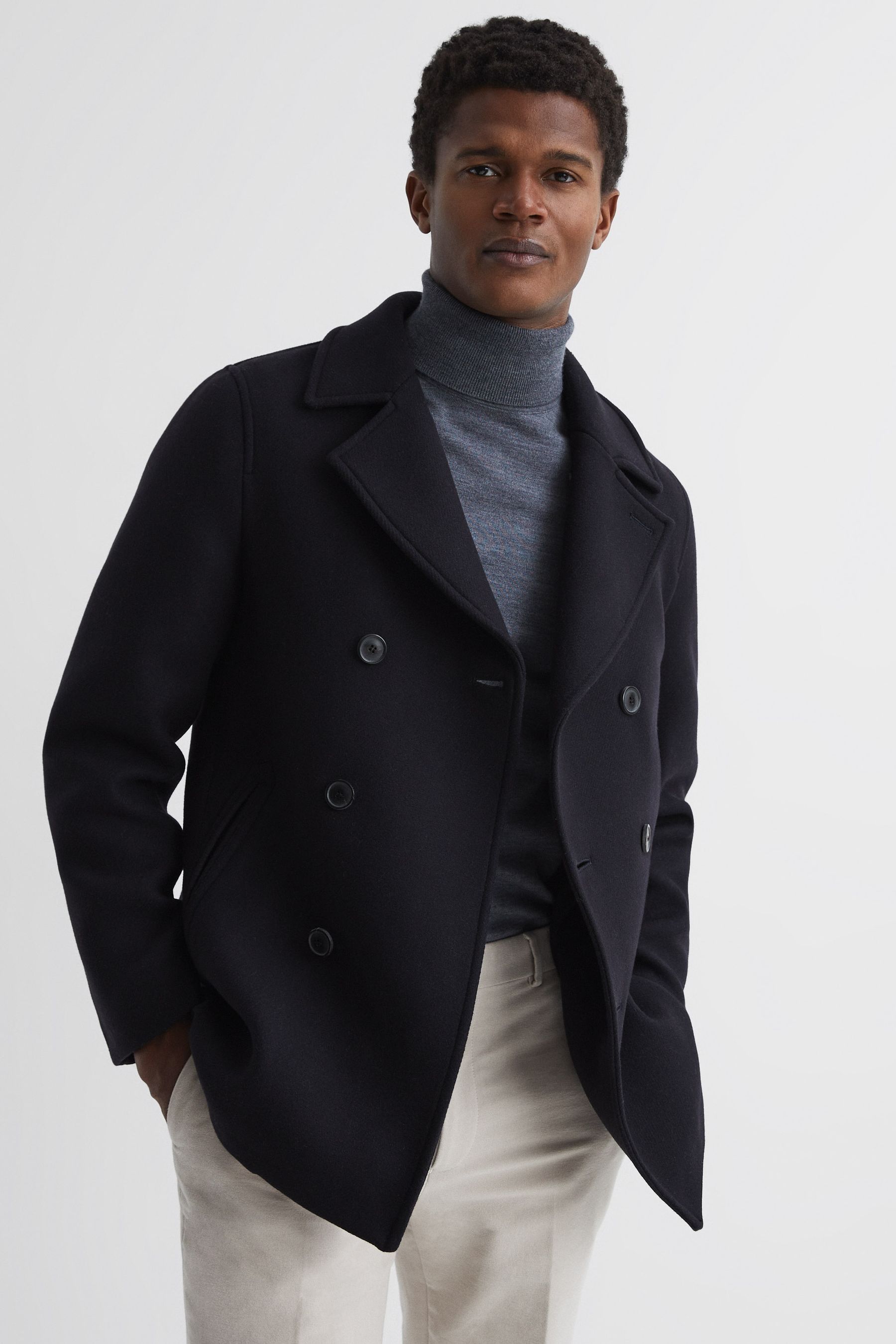 Buy Reiss Navy Wind Shearling Mid Length Pea Coat from Next Luxembourg