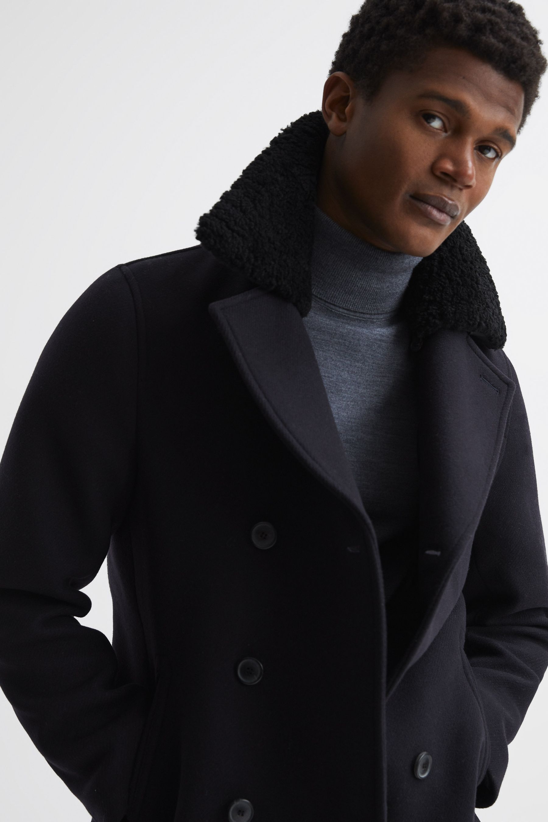 Buy Reiss Navy Wind Shearling Mid Length Pea Coat from the Next UK online shop
