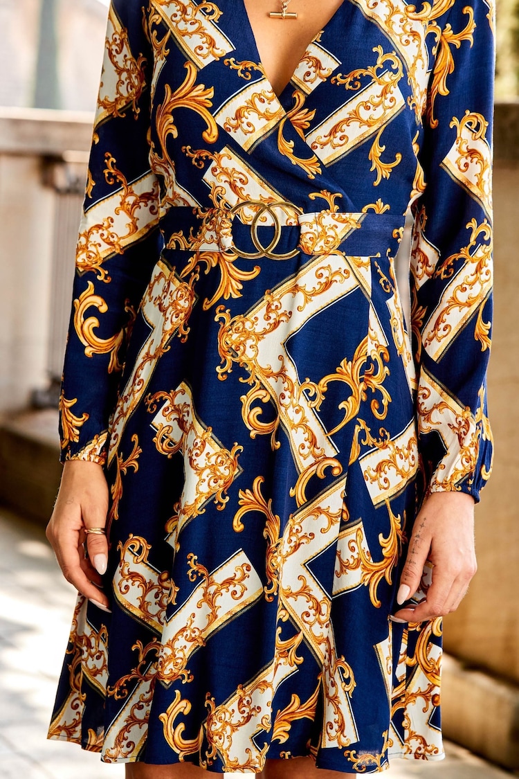 Sosandar Blue Baroque Print Belted Fit & Flare Dress - Image 5 of 5