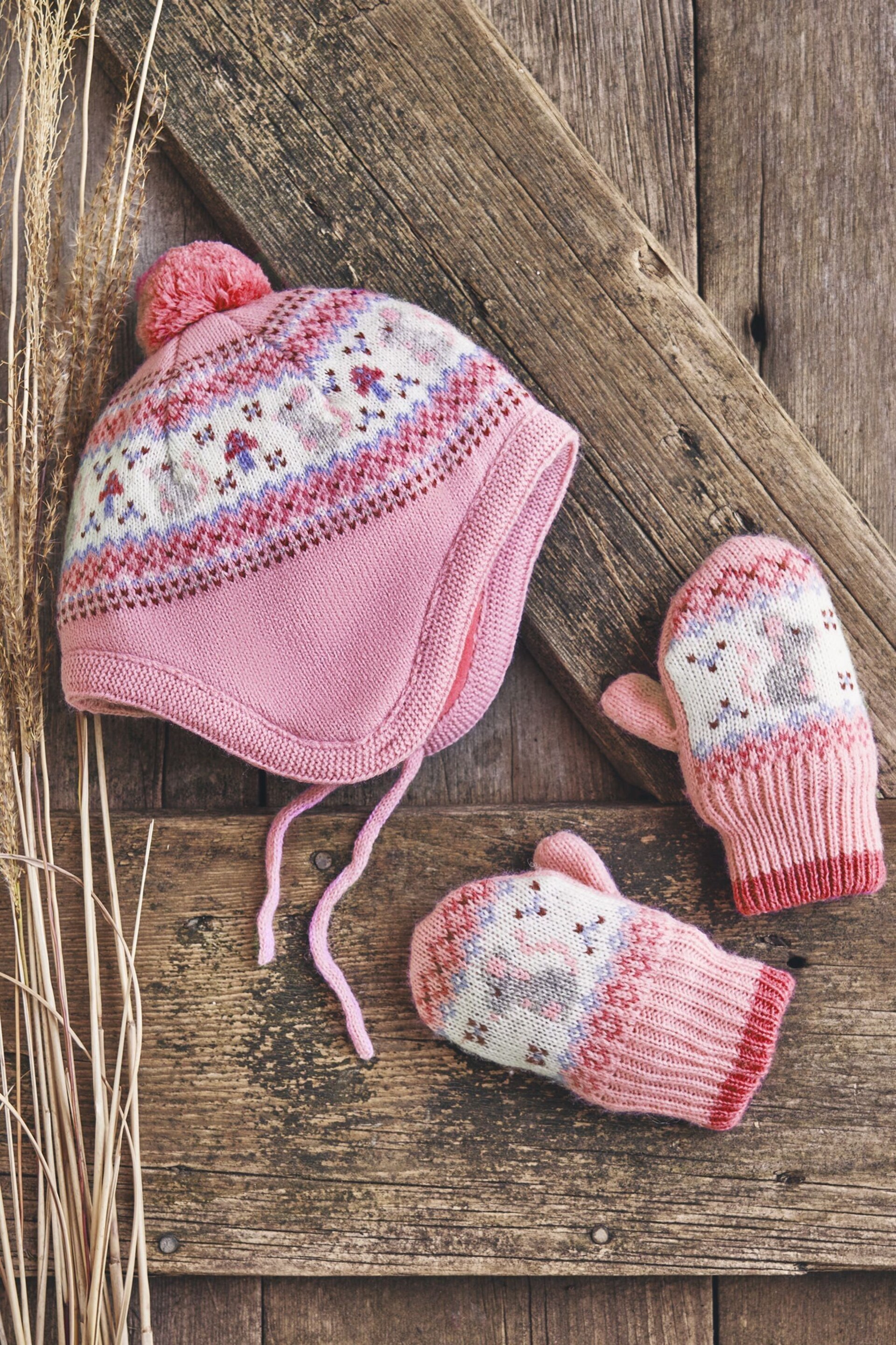 JoJo Maman Bébé Pink Mouse Fair Isle Mittens - Image 1 of 4