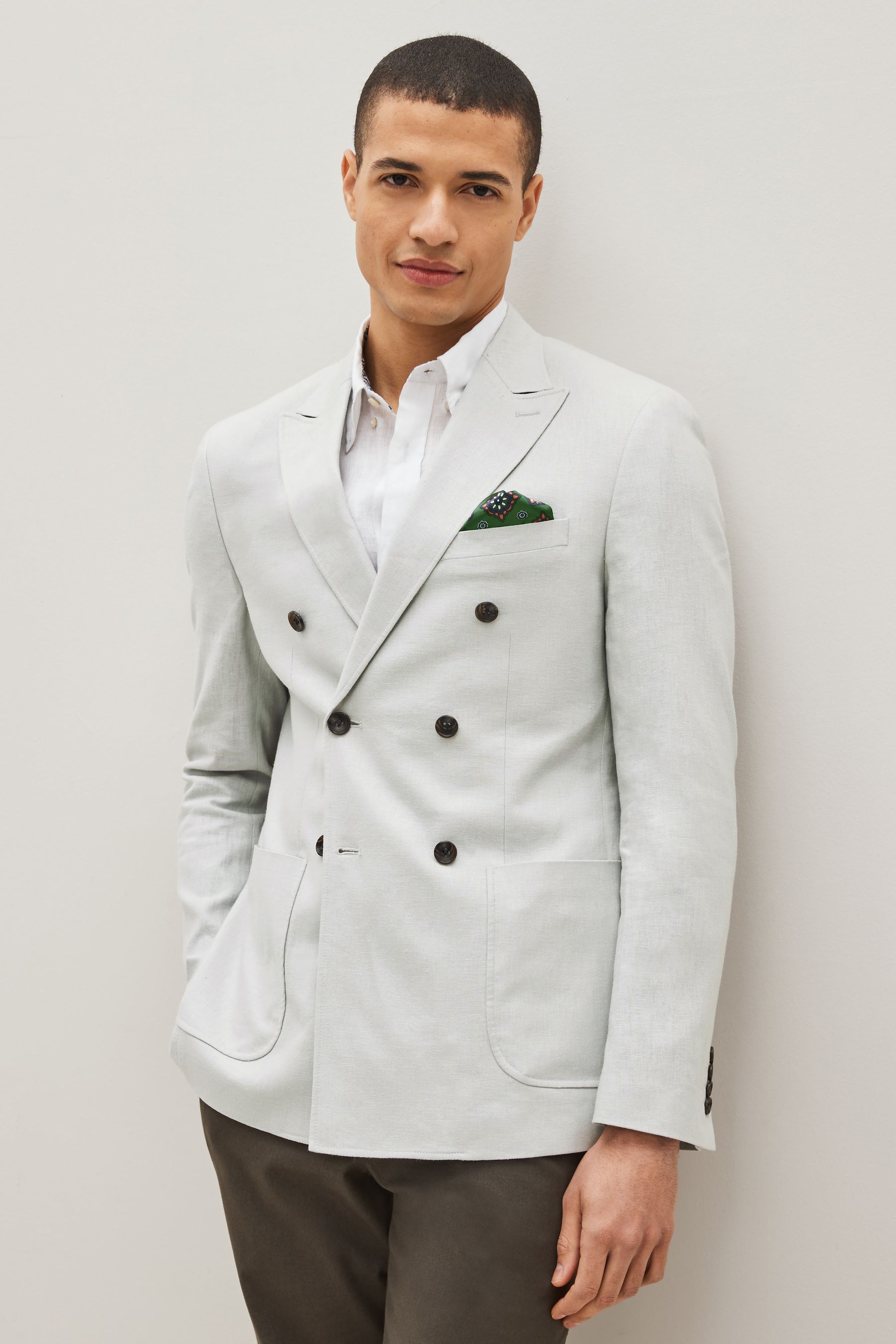 Buy Light Grey Double Breasted Linen Blend Blazer from Next Luxembourg