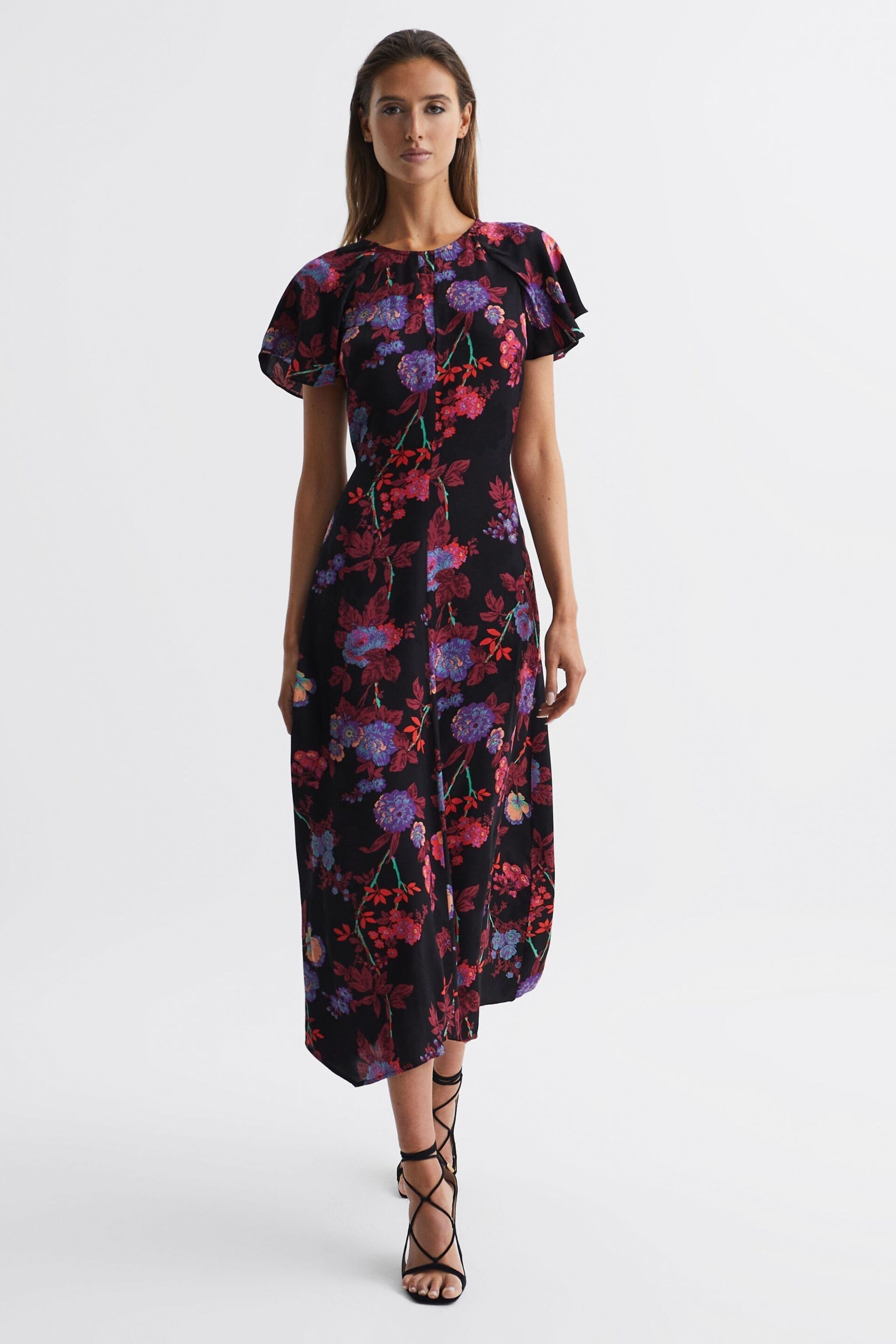 Reiss Black/Pink Leni Fitted Floral Print Midi Dress - Image 1 of 7