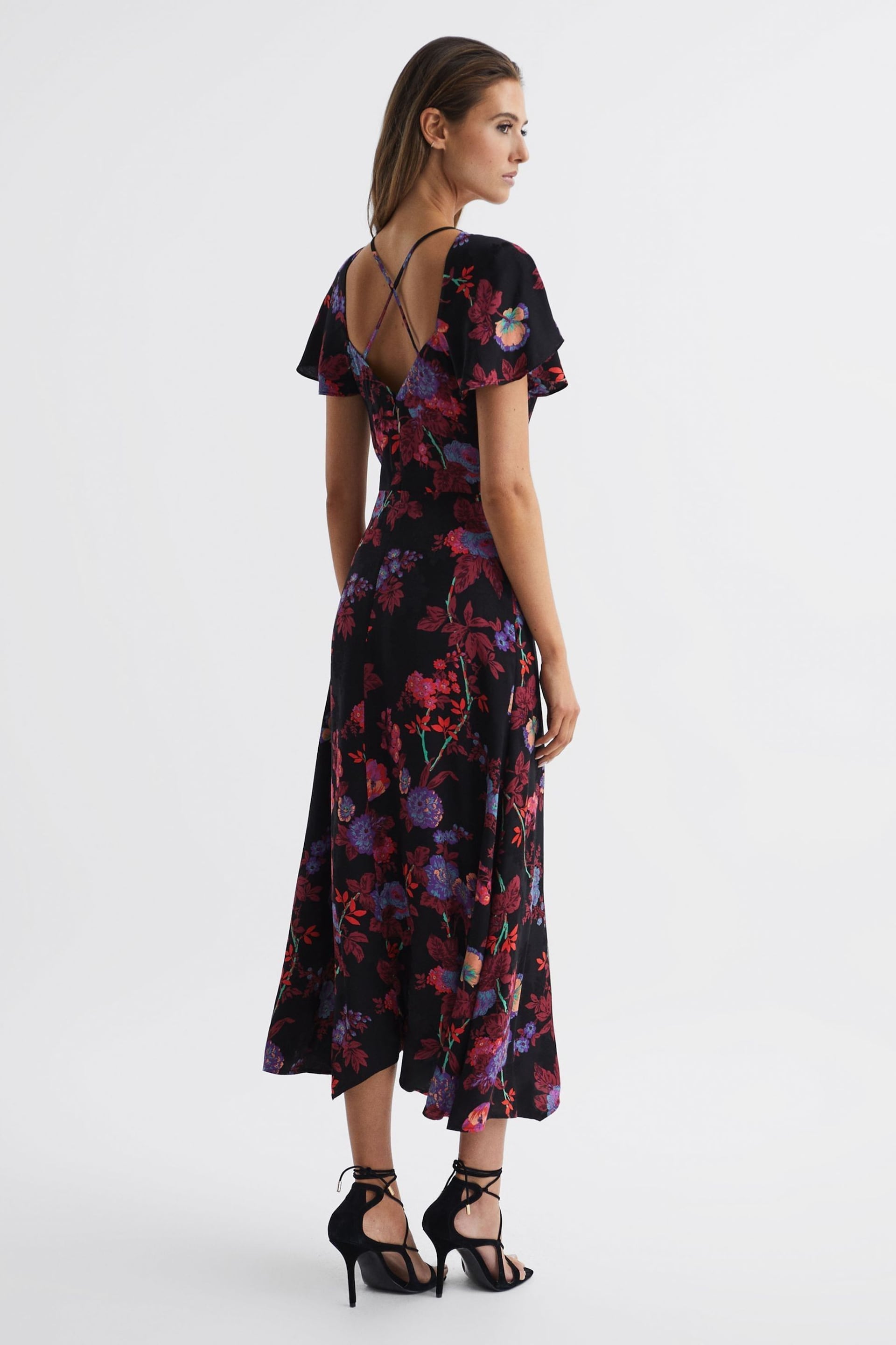 Reiss Black/Pink Leni Fitted Floral Print Midi Dress - Image 5 of 7