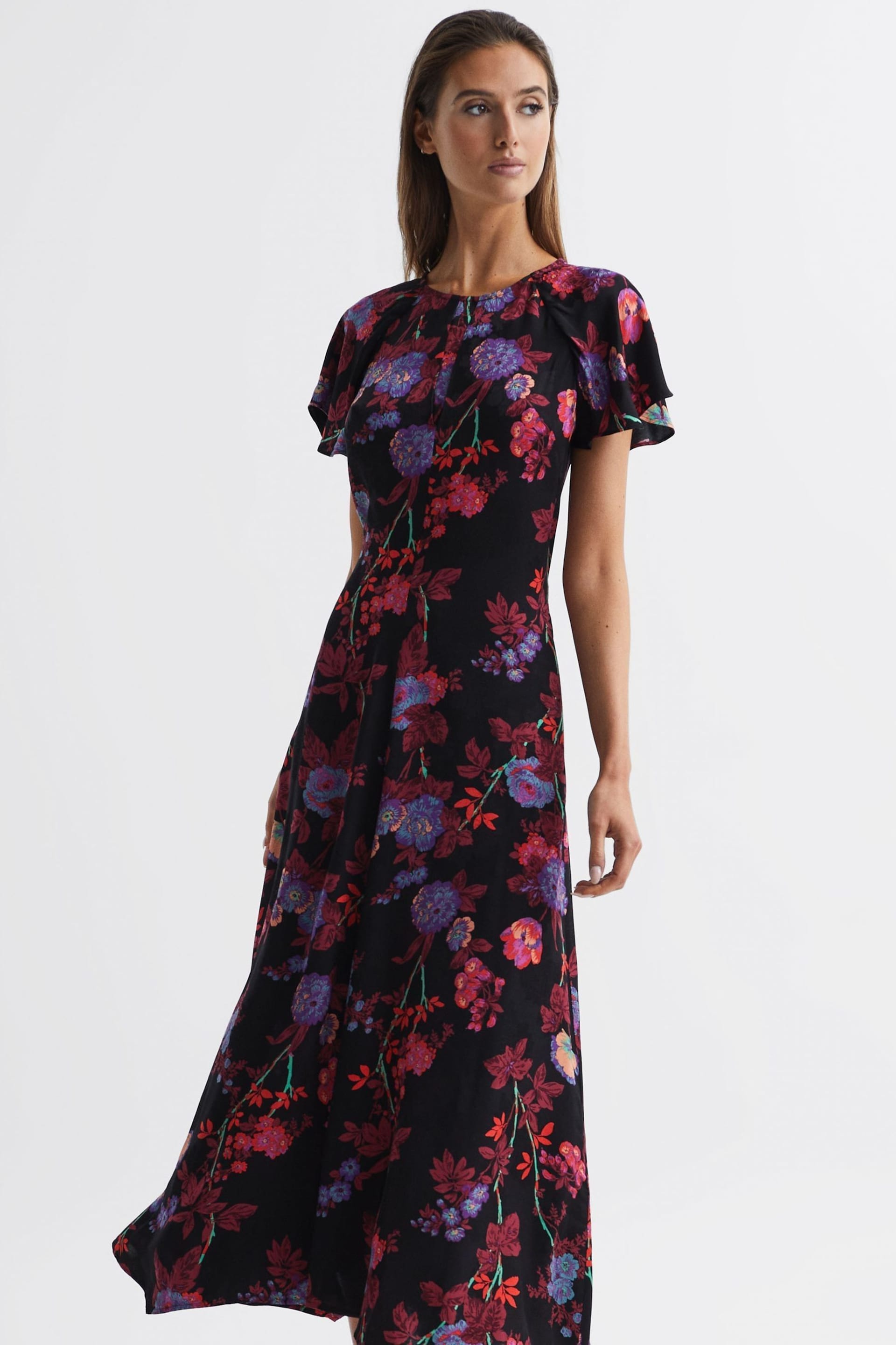Reiss Black/Pink Leni Fitted Floral Print Midi Dress - Image 6 of 7