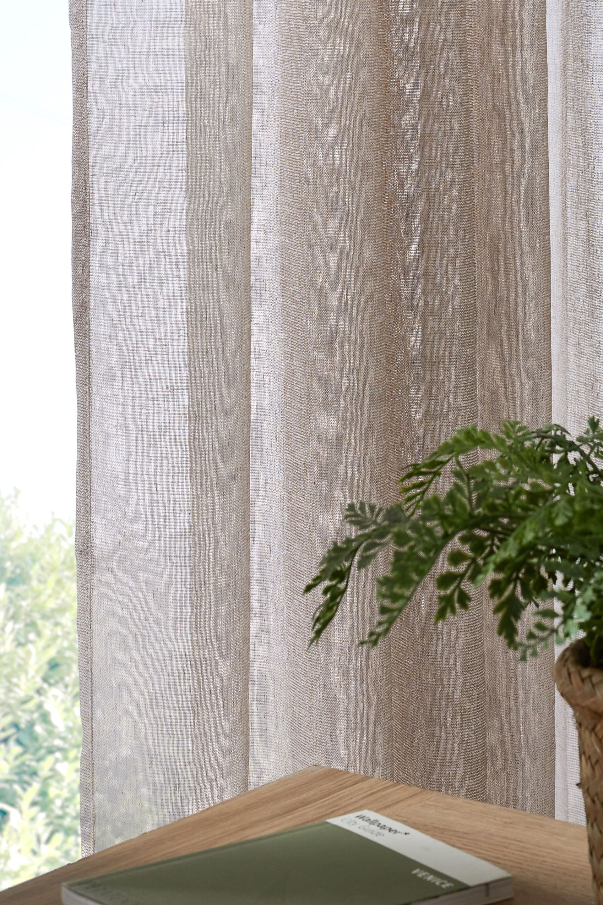 Natural Linen Look Voile Slot Top Sheer Panel Curtain - Image 2 of 4