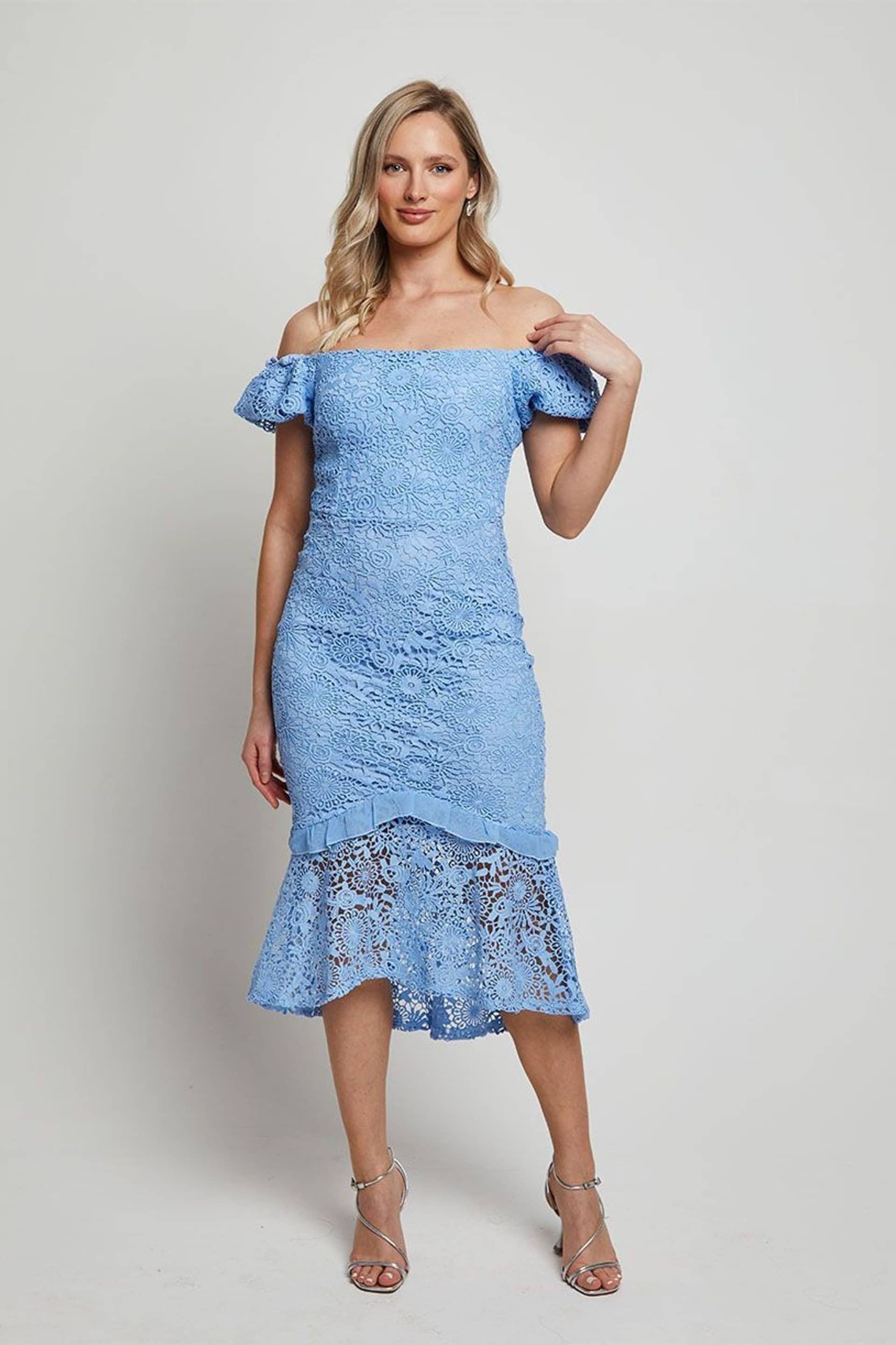 Chi Chi London Blue Bardot Premium Lace Peplum Midi Dress - Image 1 of 4