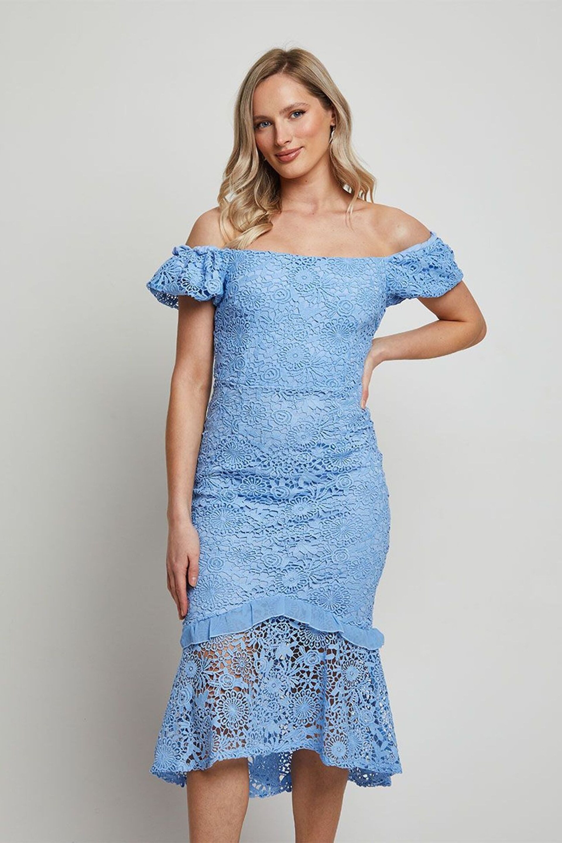 Chi Chi London Blue Bardot Premium Lace Peplum Midi Dress - Image 3 of 4