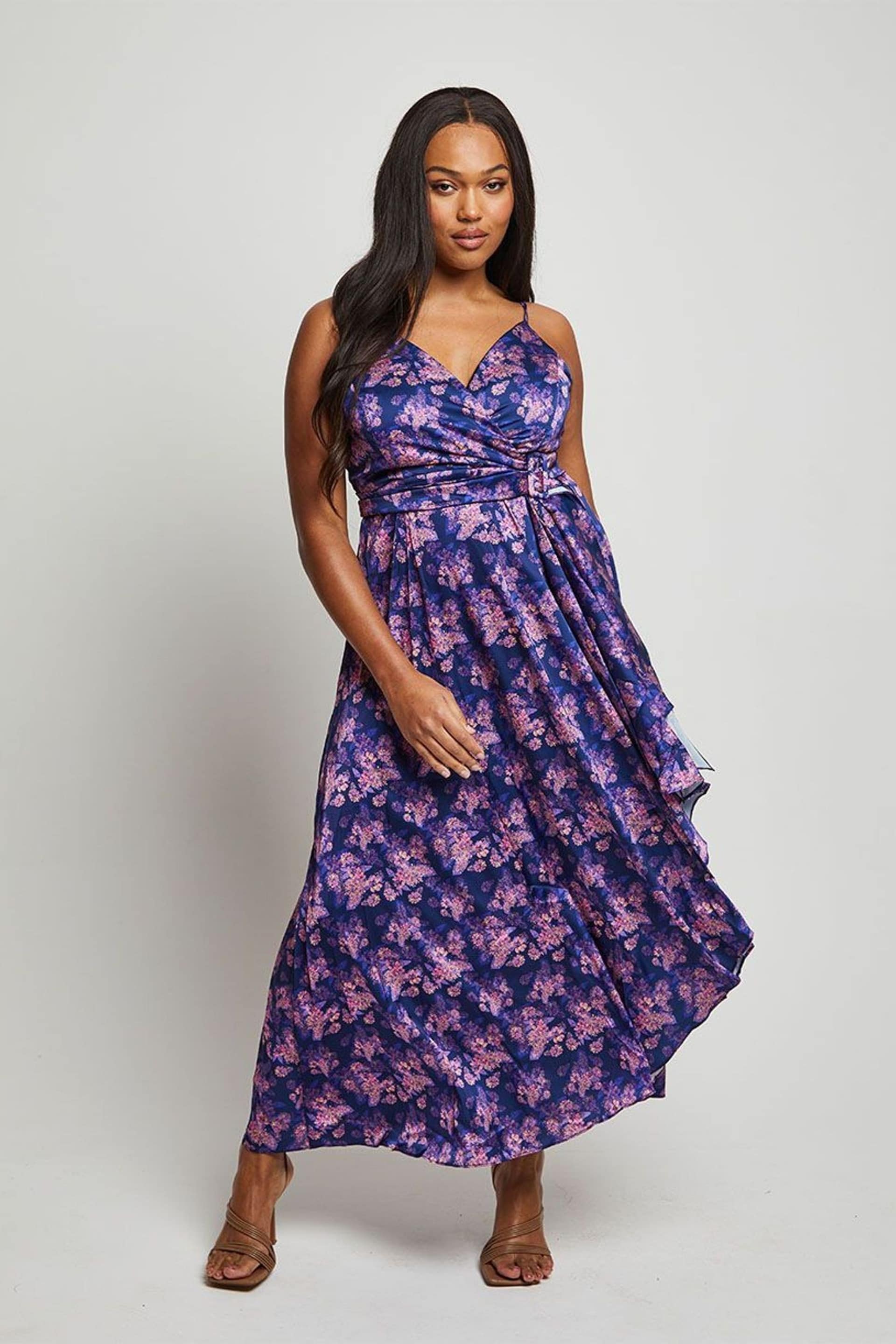 Chi Chi London Blue Cami Floral Print Wrap Midi Dress - Image 1 of 4