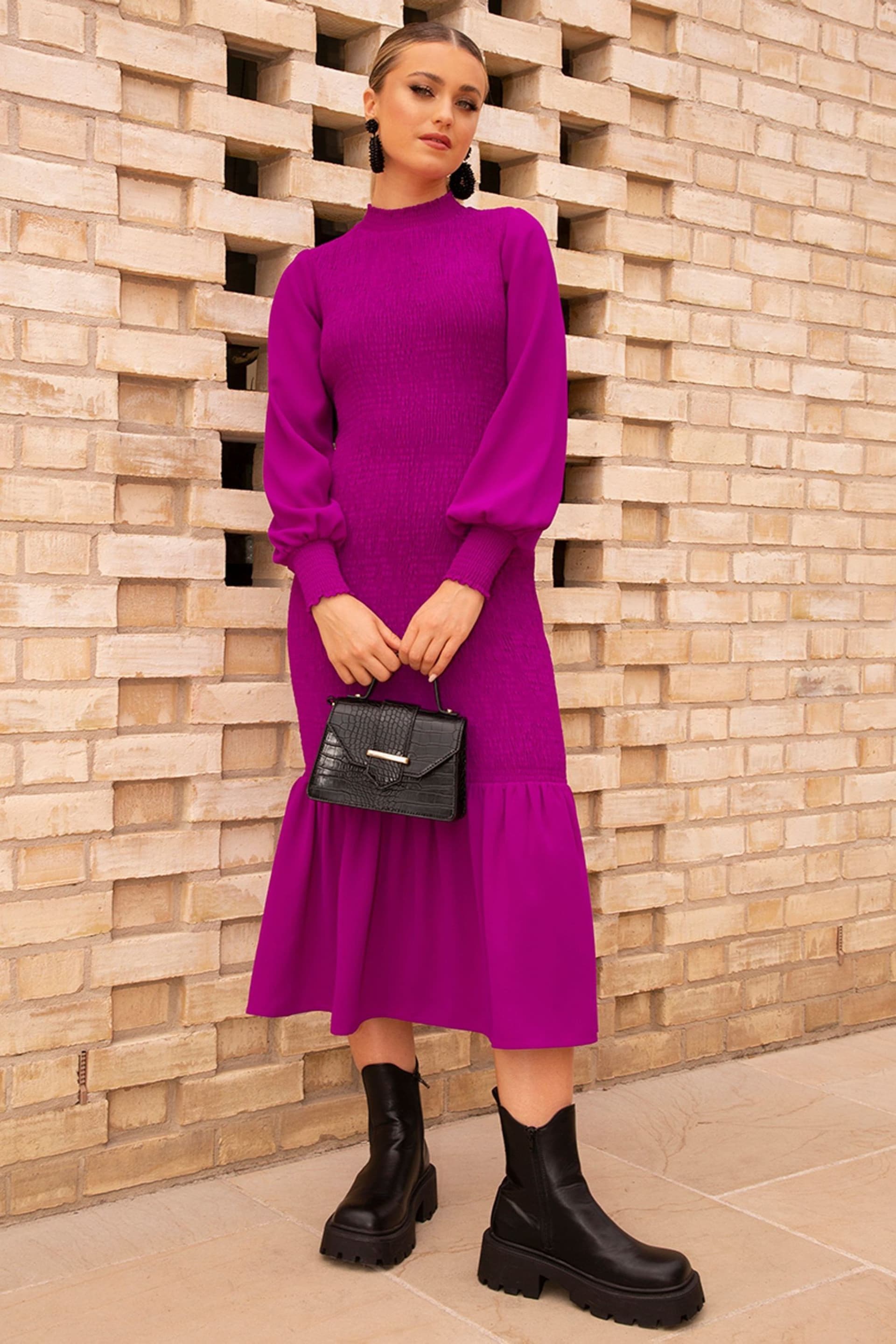 Chi Chi London Purple Long Sleeve Shirred Maxi Dress - Image 1 of 5