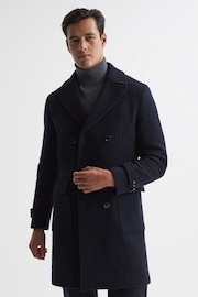 Reiss Navy Fall Double Breasted Wool Blend Military Overcoat - Image 1 of 7