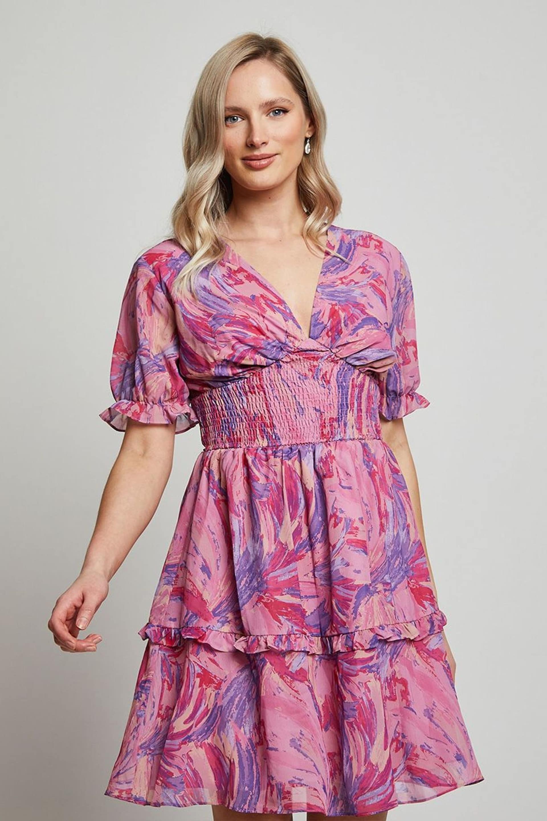 Chi Chi London Pink Puff Sleeve V-Neck Tiered Abstract Midi Dress - Image 1 of 5