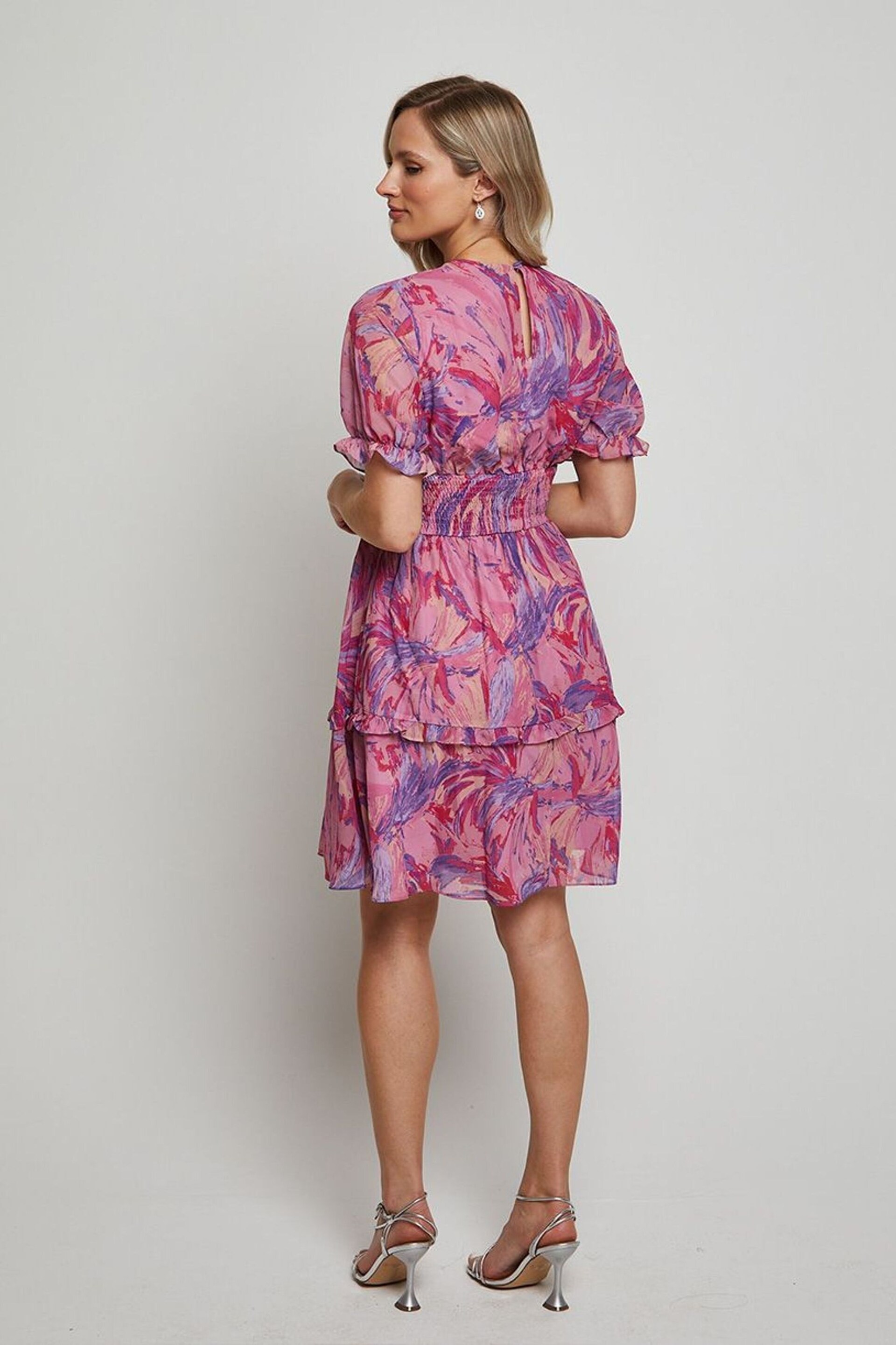 Chi Chi London Pink Puff Sleeve V-Neck Tiered Abstract Midi Dress - Image 2 of 5