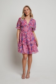 Chi Chi London Pink Puff Sleeve V-Neck Tiered Abstract Midi Dress - Image 3 of 5