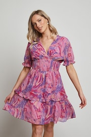 Chi Chi London Pink Puff Sleeve V-Neck Tiered Abstract Midi Dress - Image 4 of 5