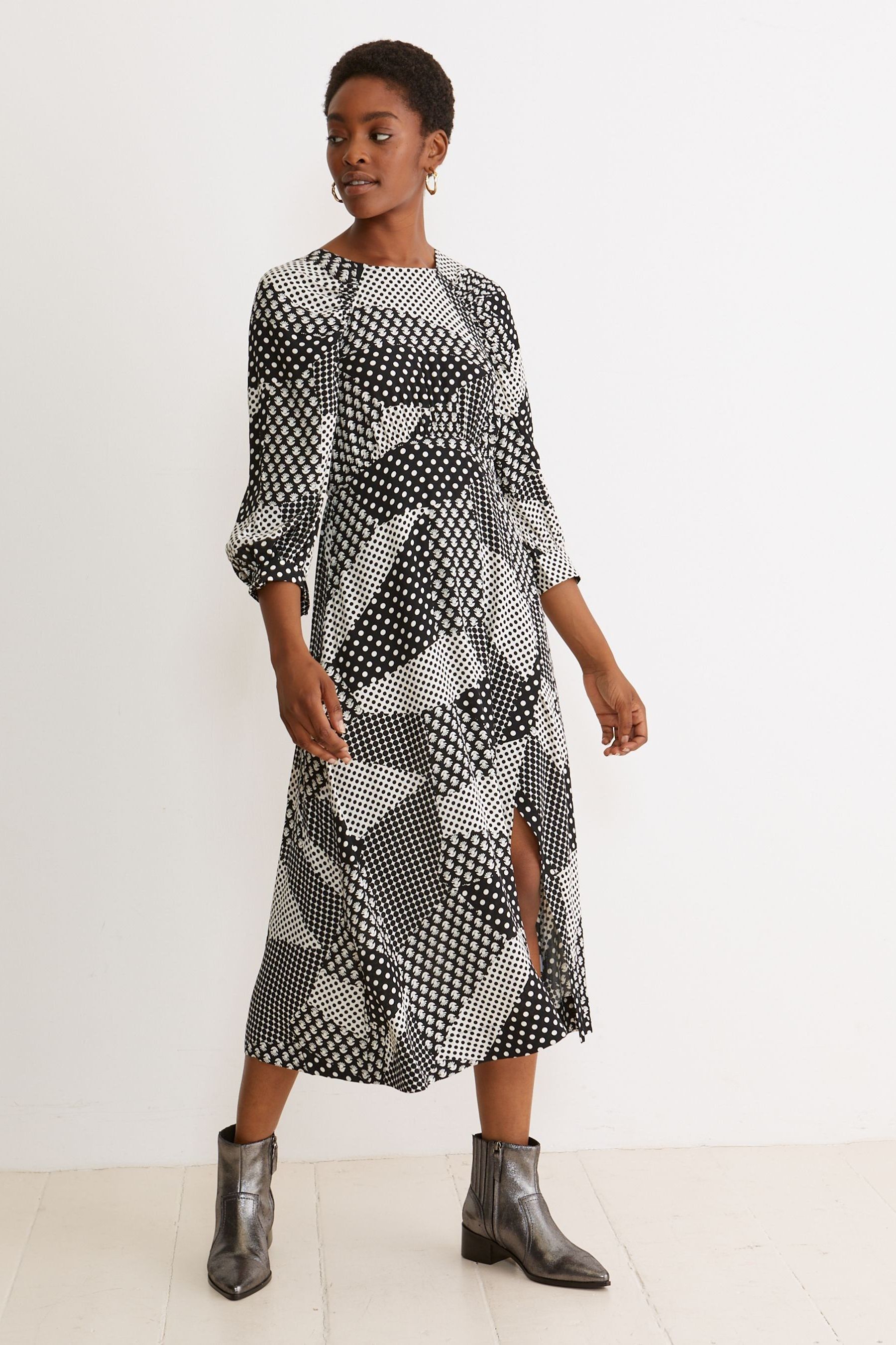 Buy Oliver Bonas Patchwork Polka Dot And Floral Print Midi Black Dress from Next Luxembourg