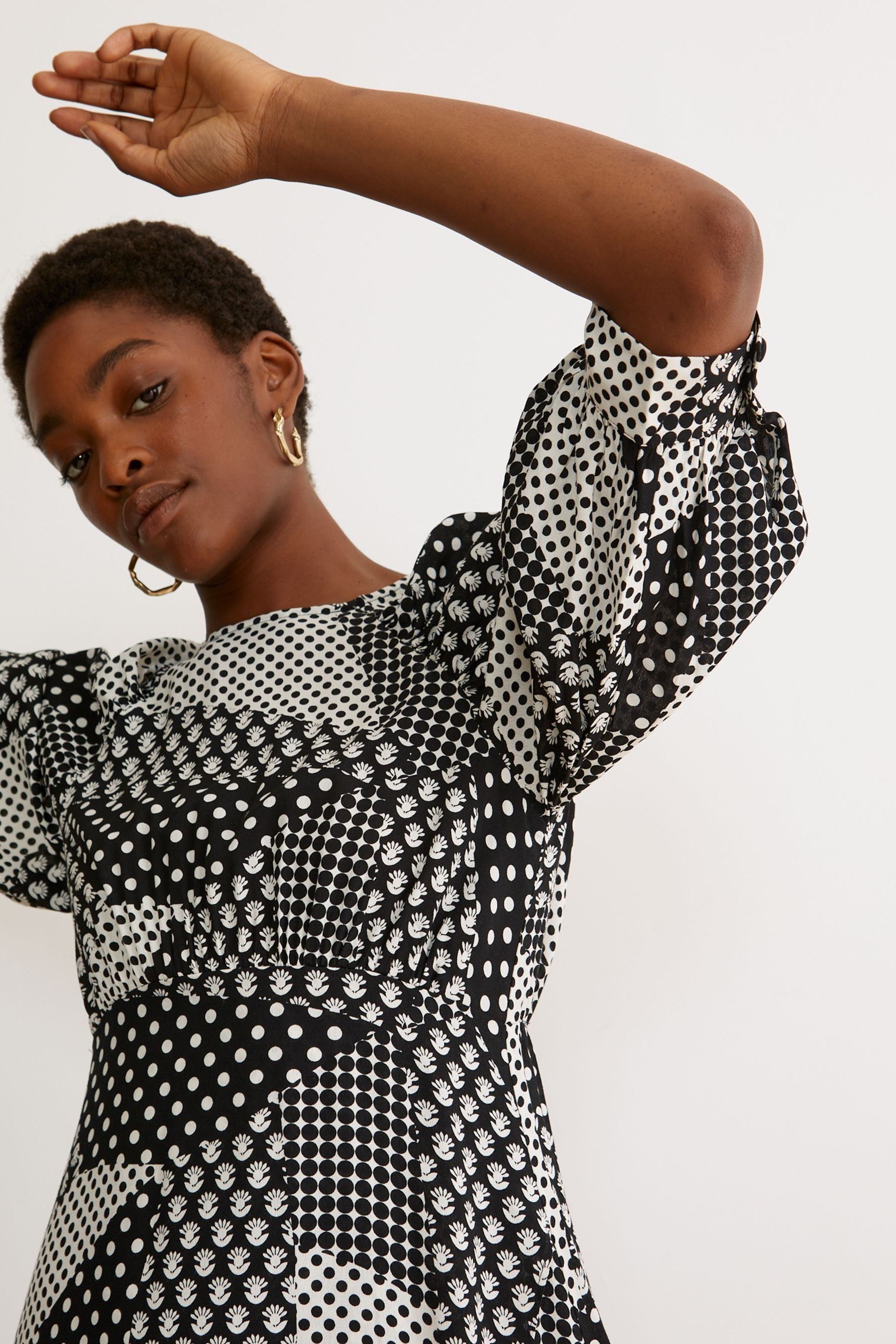 Buy Oliver Bonas Patchwork Polka Dot And Floral Print Midi Black Dress from Next Luxembourg