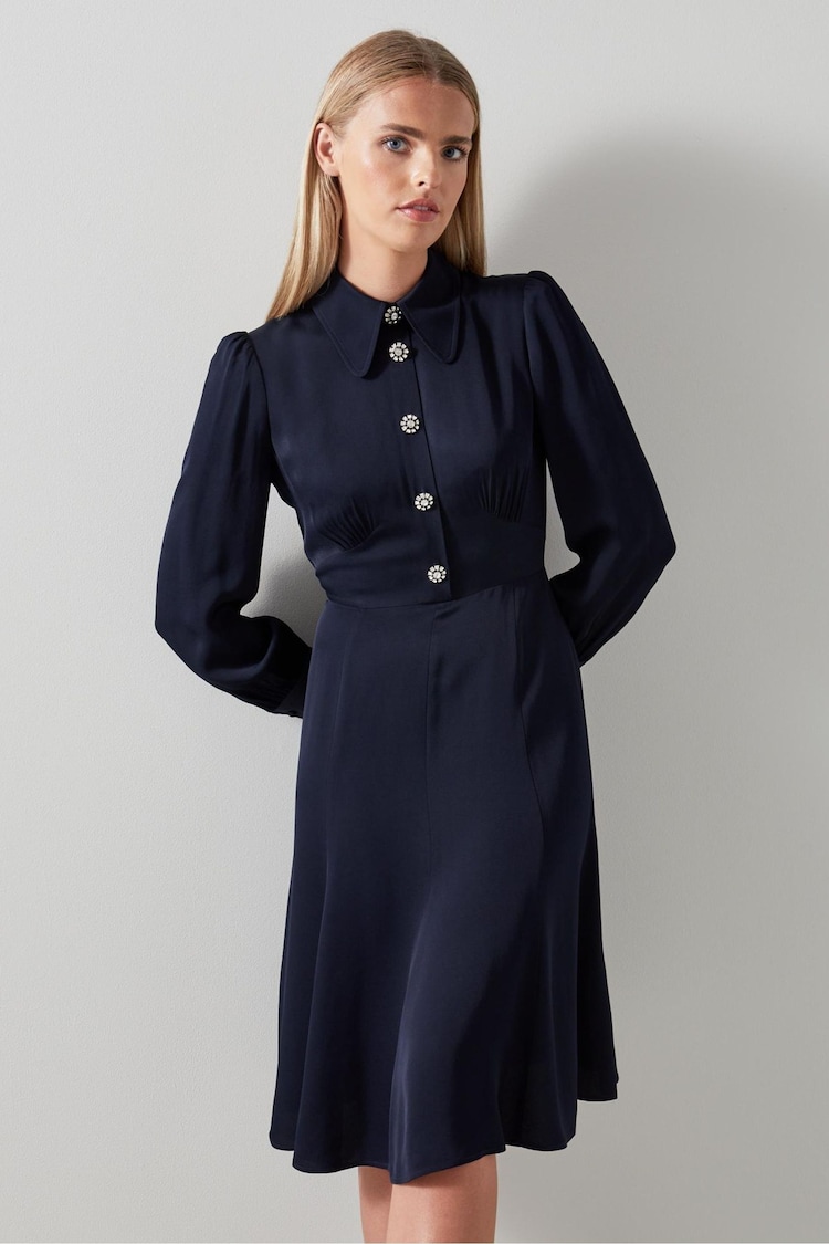 LK Bennett Blue Mira Crepe Long Sleeve Tea Dress - Image 1 of 4