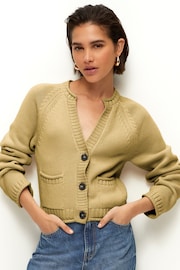 Khaki Green 100% Cotton Roll Edge Pocket Detail Cardigan - Image 1 of 7