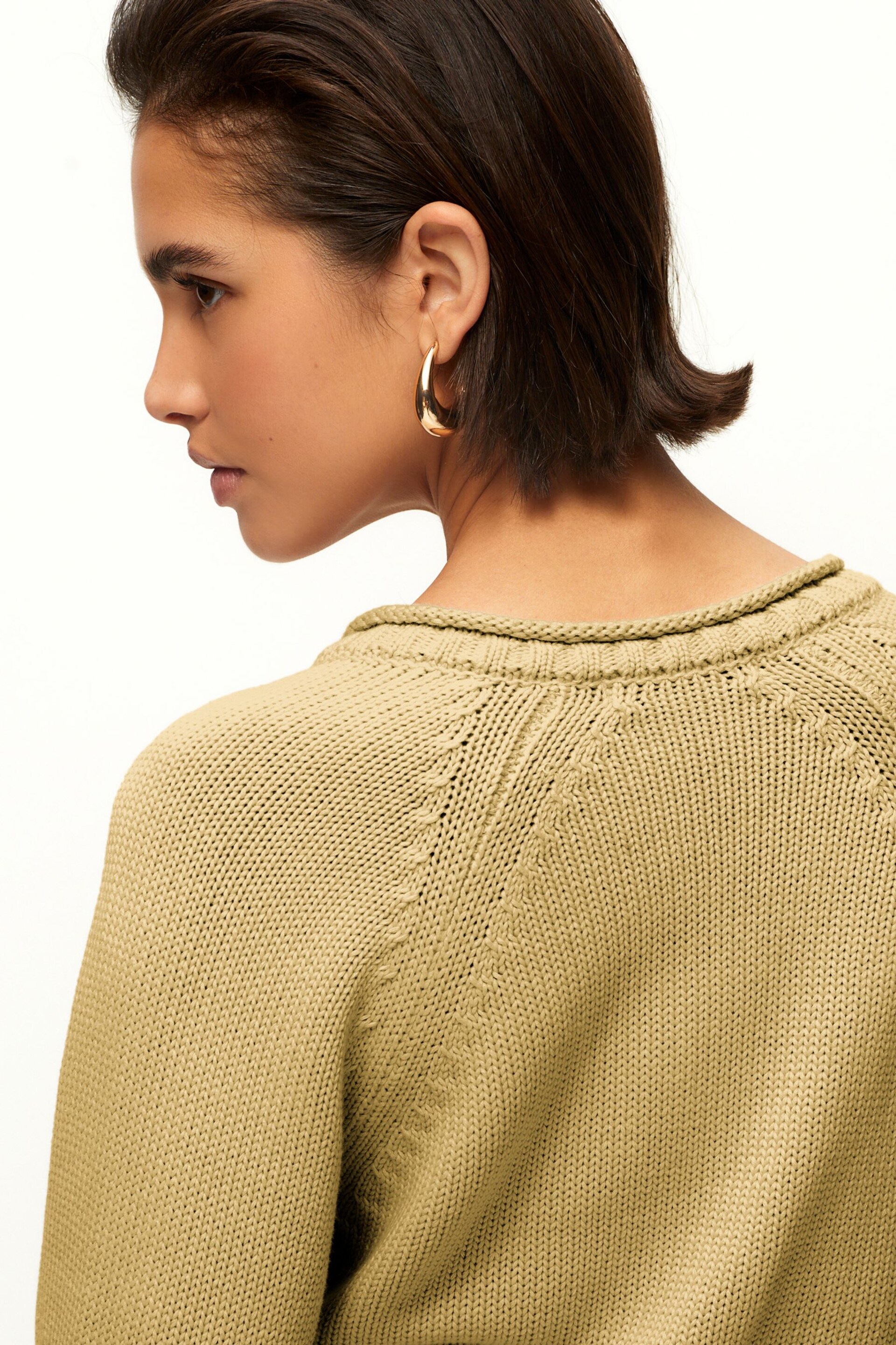 Khaki Green 100% Cotton Roll Edge Pocket Detail Cardigan - Image 5 of 7