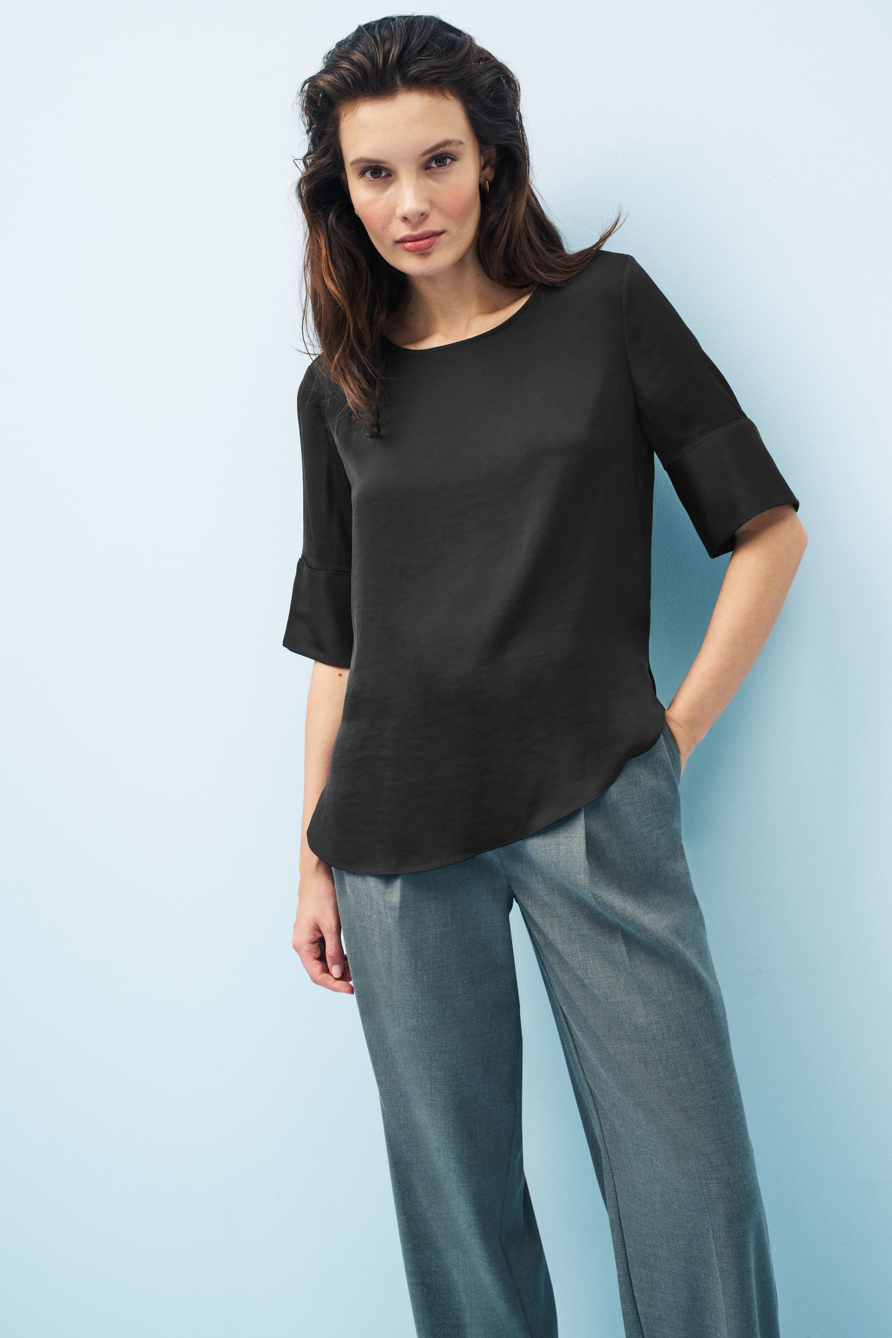 Buy Black Curved Hem Satin Formal T Shirt Short Sleeves Top from Next Germany