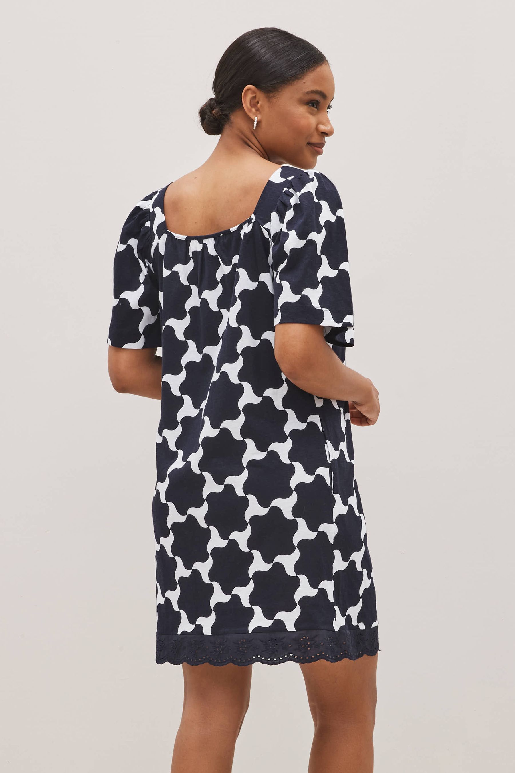 Buy Navy Blue White Geo Square Neck Short Sleeve Broderie Trim Dress from Next Luxembourg