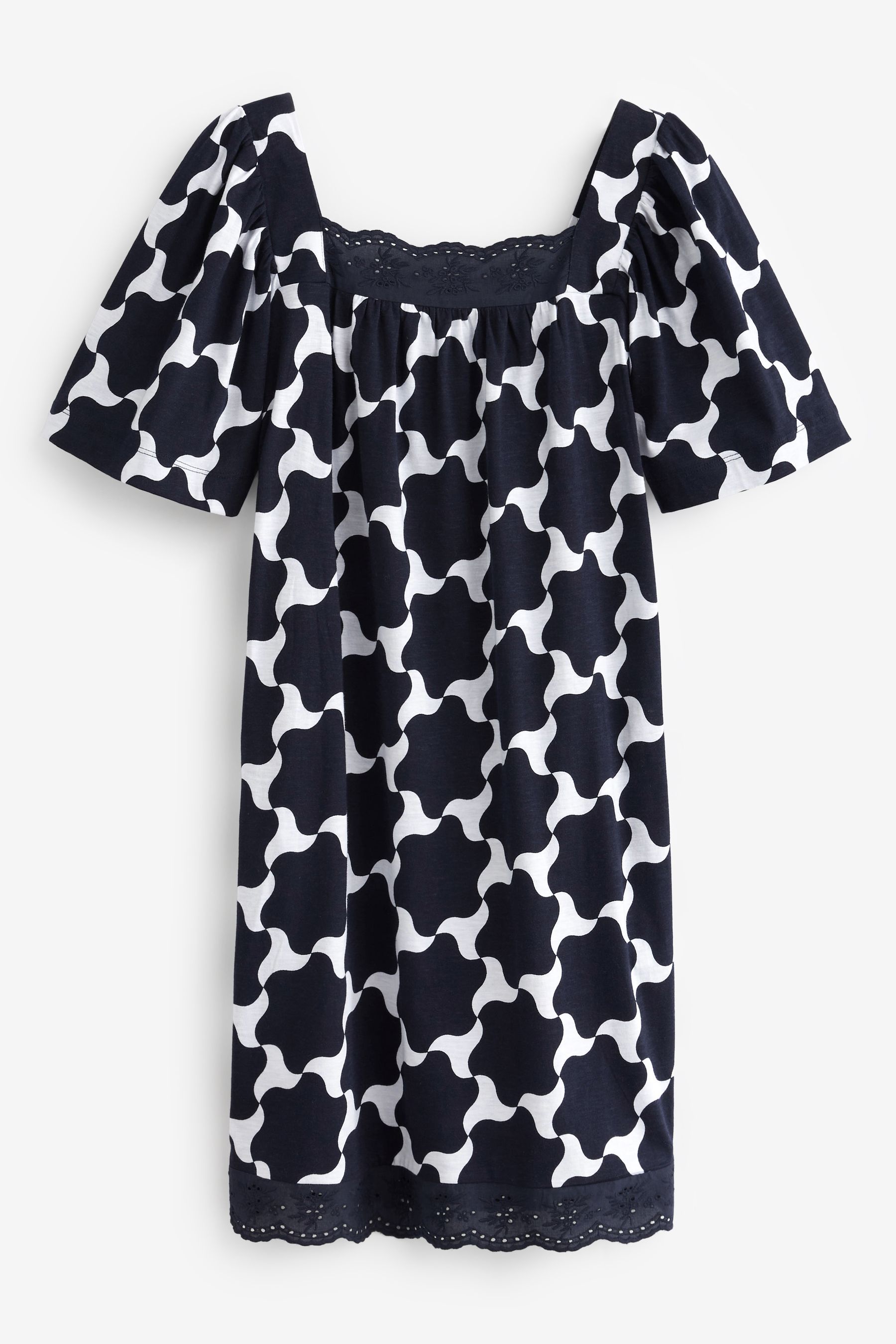 Buy Navy Blue White Geo Square Neck Short Sleeve Broderie Trim Dress from Next Luxembourg