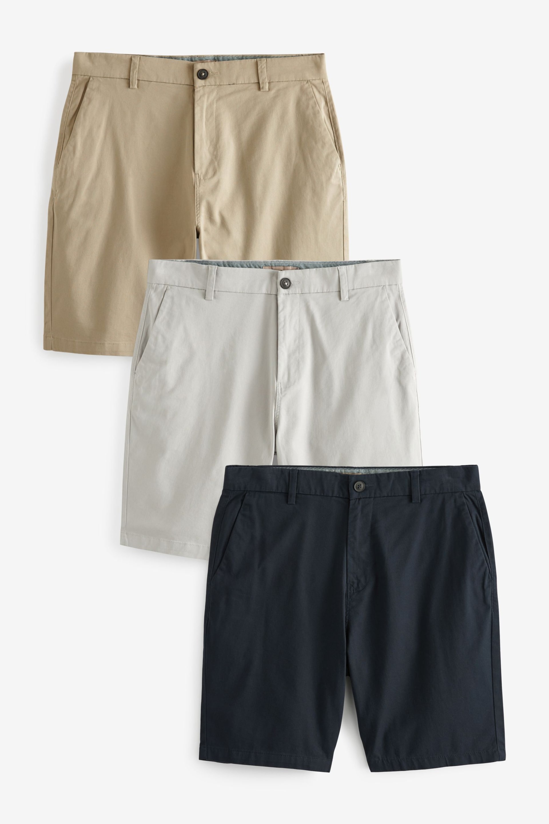 Navy Blue/Grey/Stone Straight Stretch Chinos Shorts 3 Pack - Image 1 of 11