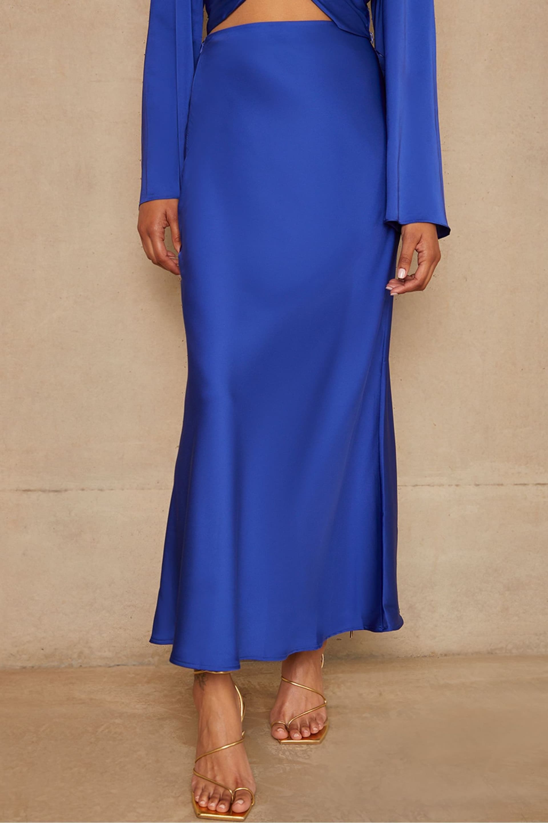 Chi Chi London Blue Satin Wrap Midi Skirt - Image 2 of 4