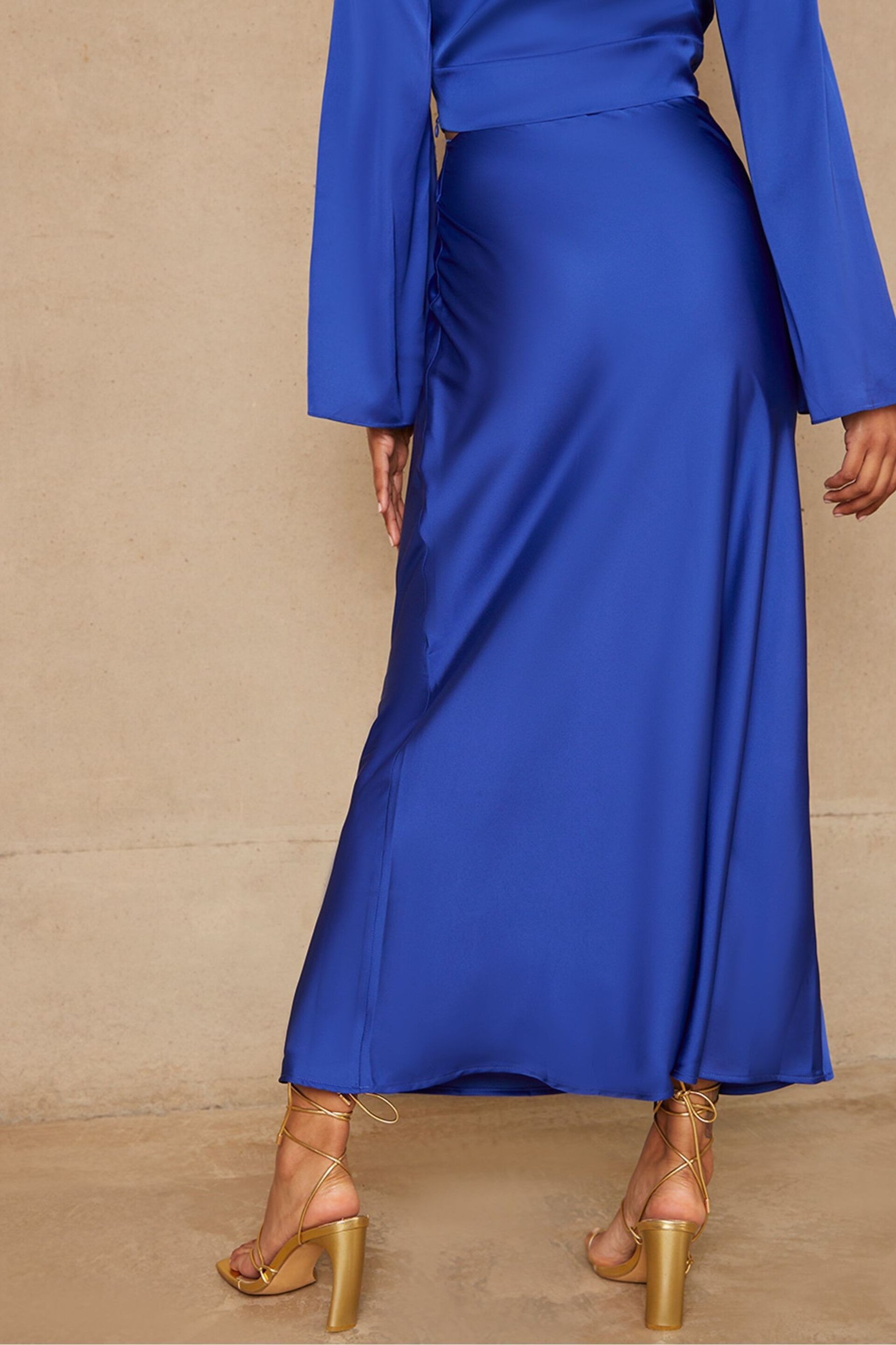 Chi Chi London Blue Satin Wrap Midi Skirt - Image 3 of 4