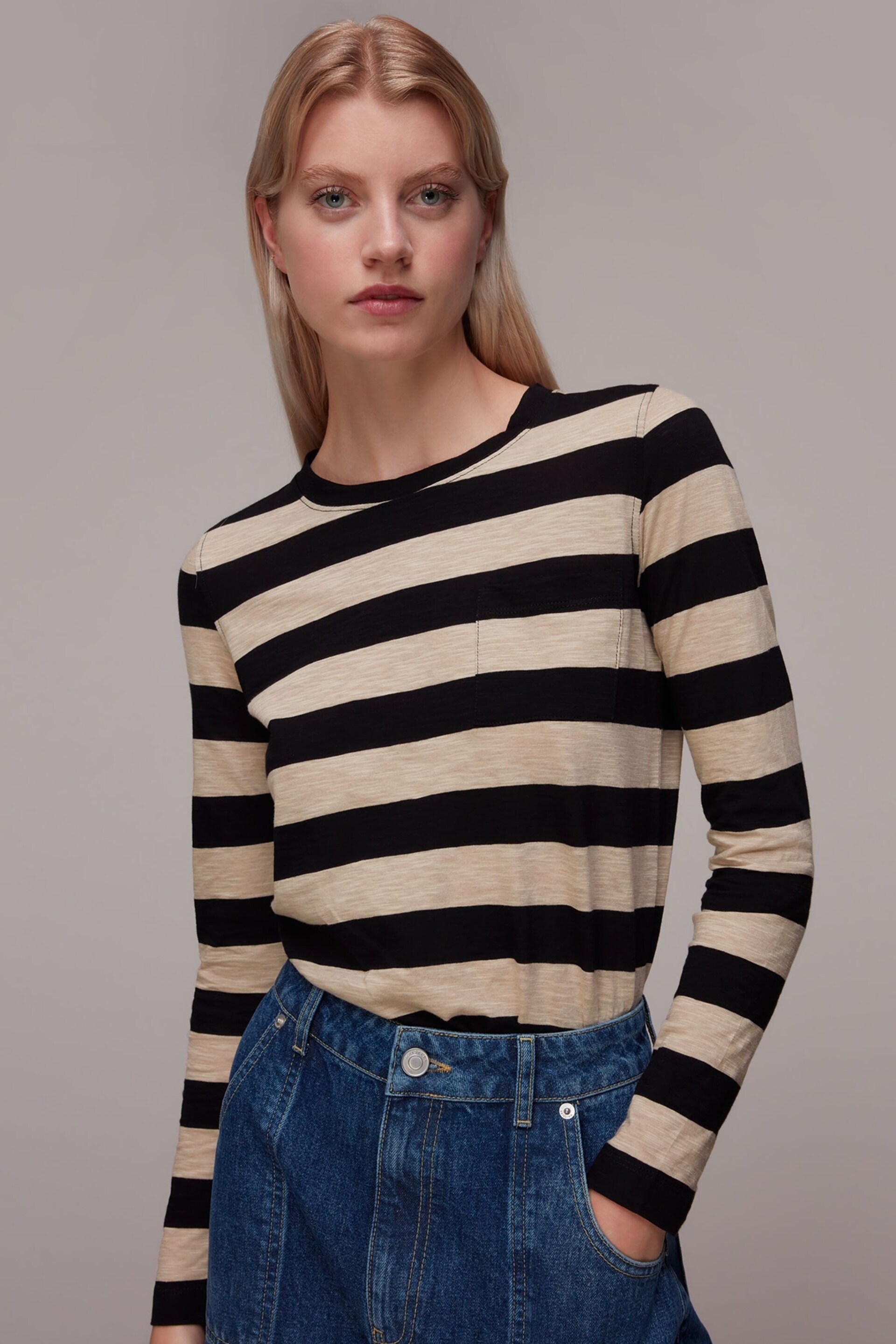 Whistles Stripe Crew Neck Pocket Black Top - Image 1 of 5